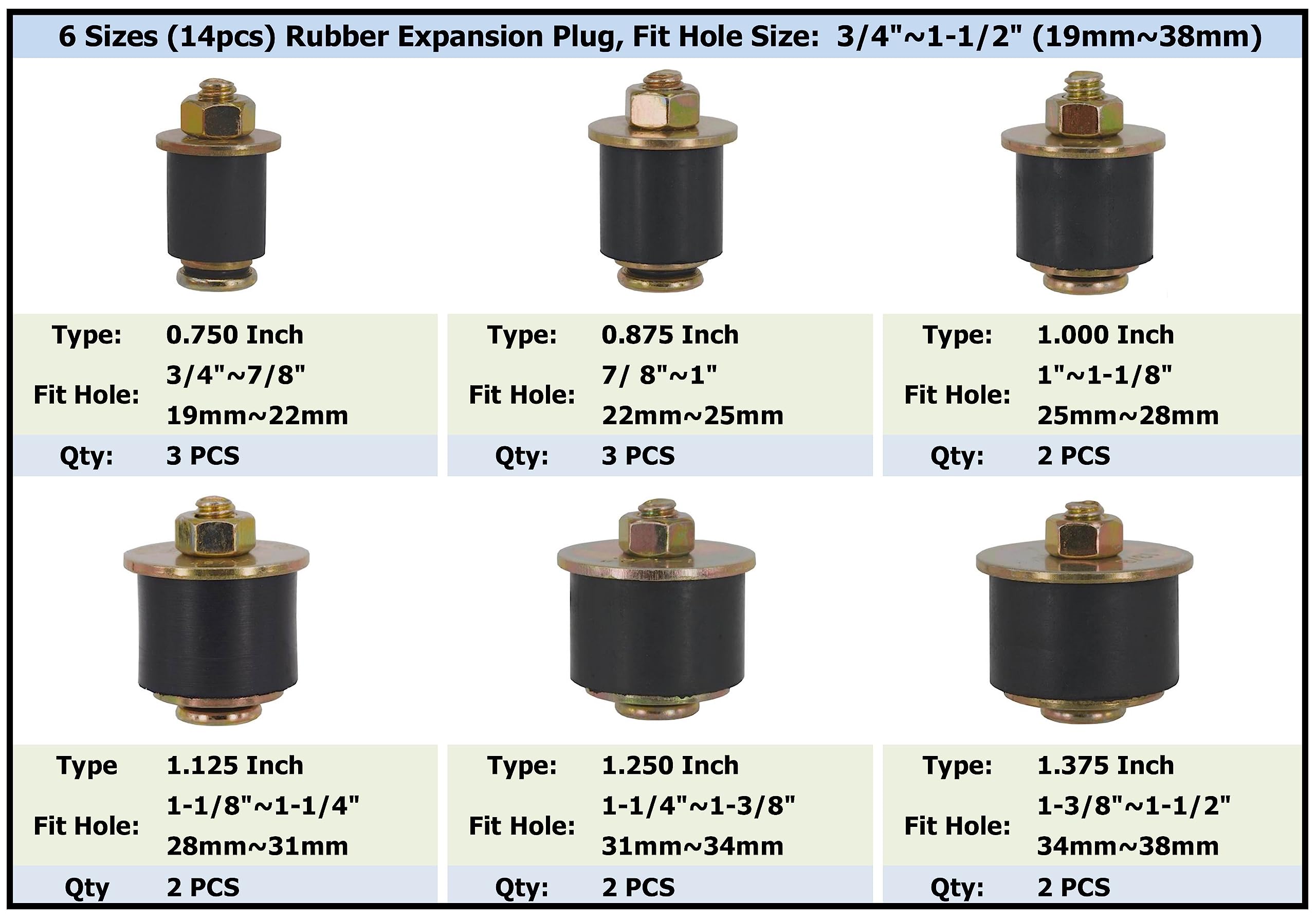 Dsnaduo 6 Sizes (14pcs) Neoprene Rubber Expansion Plug 3/4'' 7/8'' 1'' 1-1/8'' 1-1/4'' 1-3/8'', Automotive Rubber Freeze Frost P