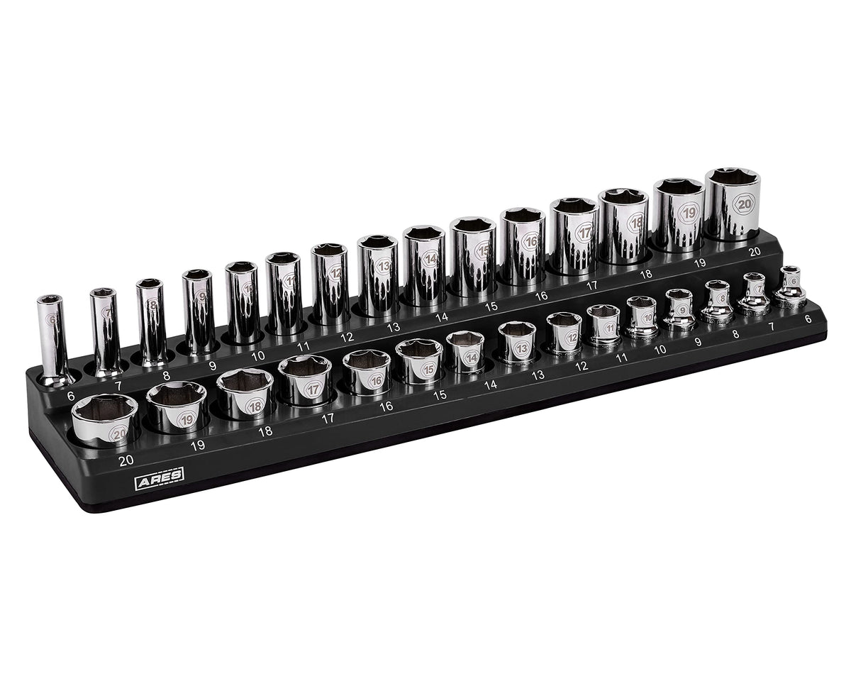 Ares 70235-30-Piece 3/8-Inch Metric Magnetic Socket Holder - Securely Holds 15 Standard And 15 Deep Size Sockets In Place - Keep