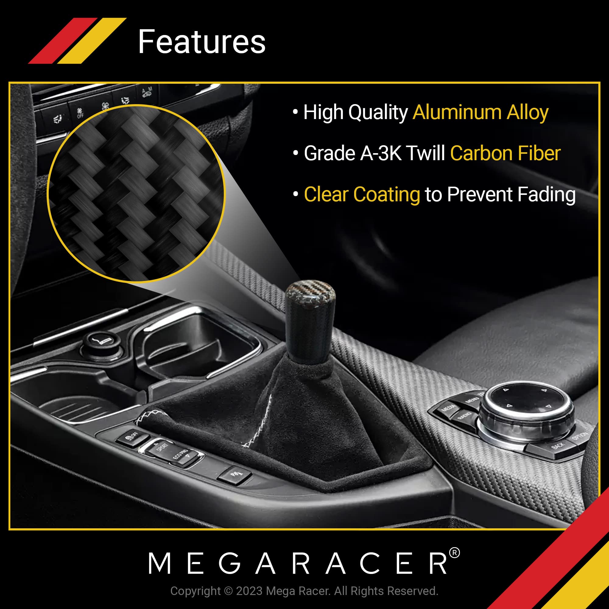 Mega Racer 7 Cm Real Carbon Fiber Shift Knob - For Buttonless Automatic & 4, 5 And 6 Speed Manual Transmission Vehicles, 100% Ca