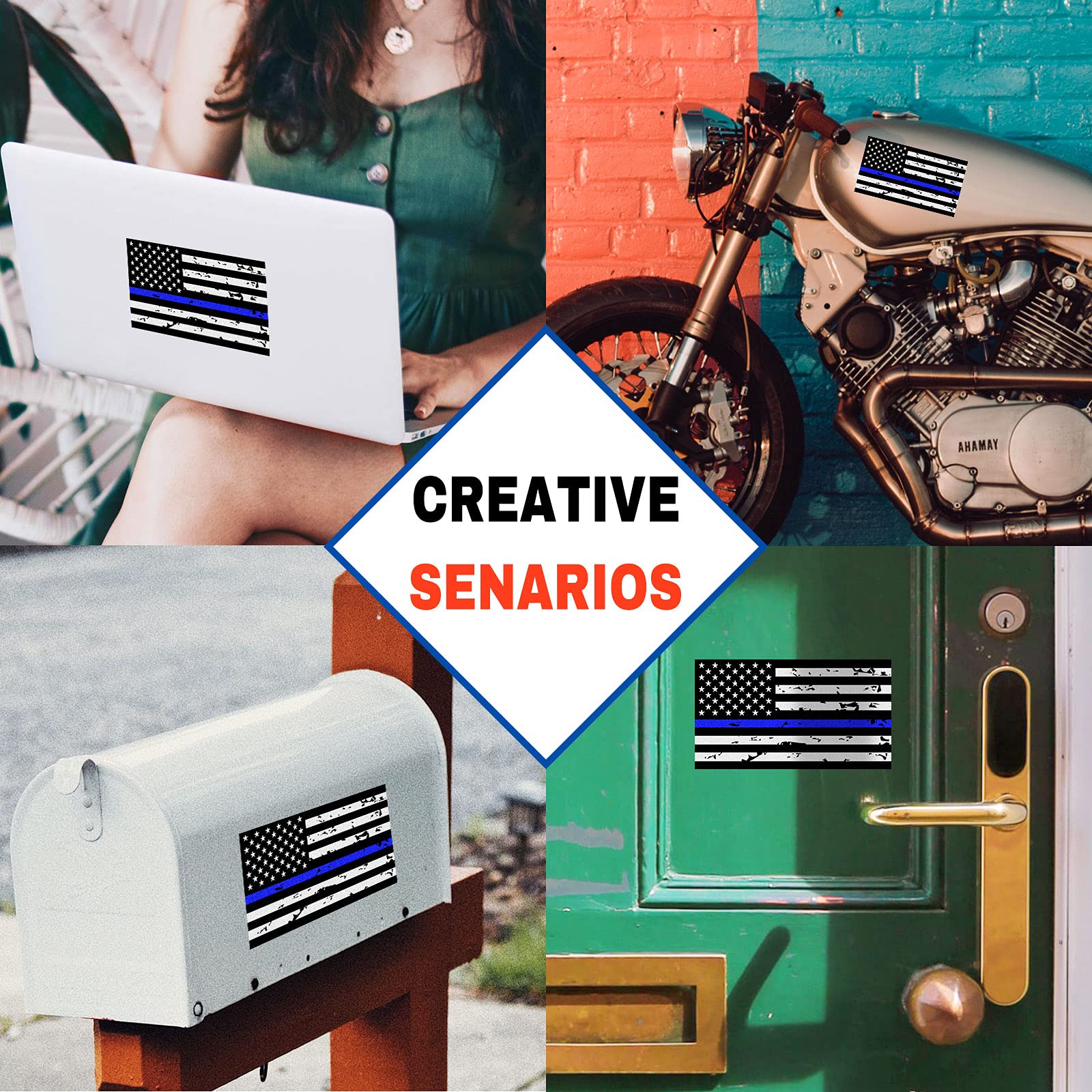 3 Pack Reflective New Tattered Thin Blue Line Us Flag Decal Stickers | Compatible With Cars & Trucks, 5'' X 2.7'' American Usa F