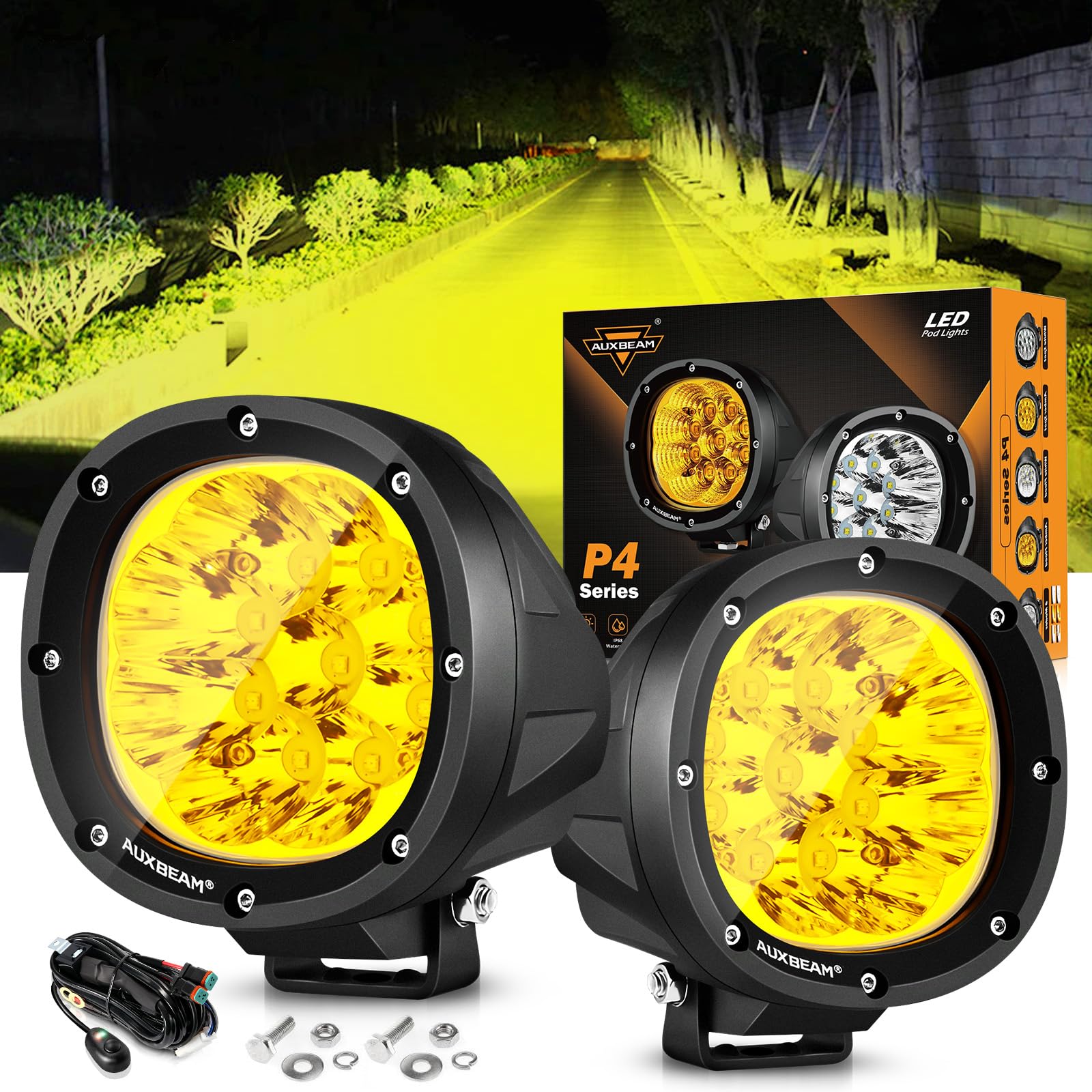 Auxbeam 4In 90W Amber Round Led Offroad Lights 2Pcs 9000Lm Amber Fog Super Bright Driving Light With Wiring Harness Kit Spot Bea