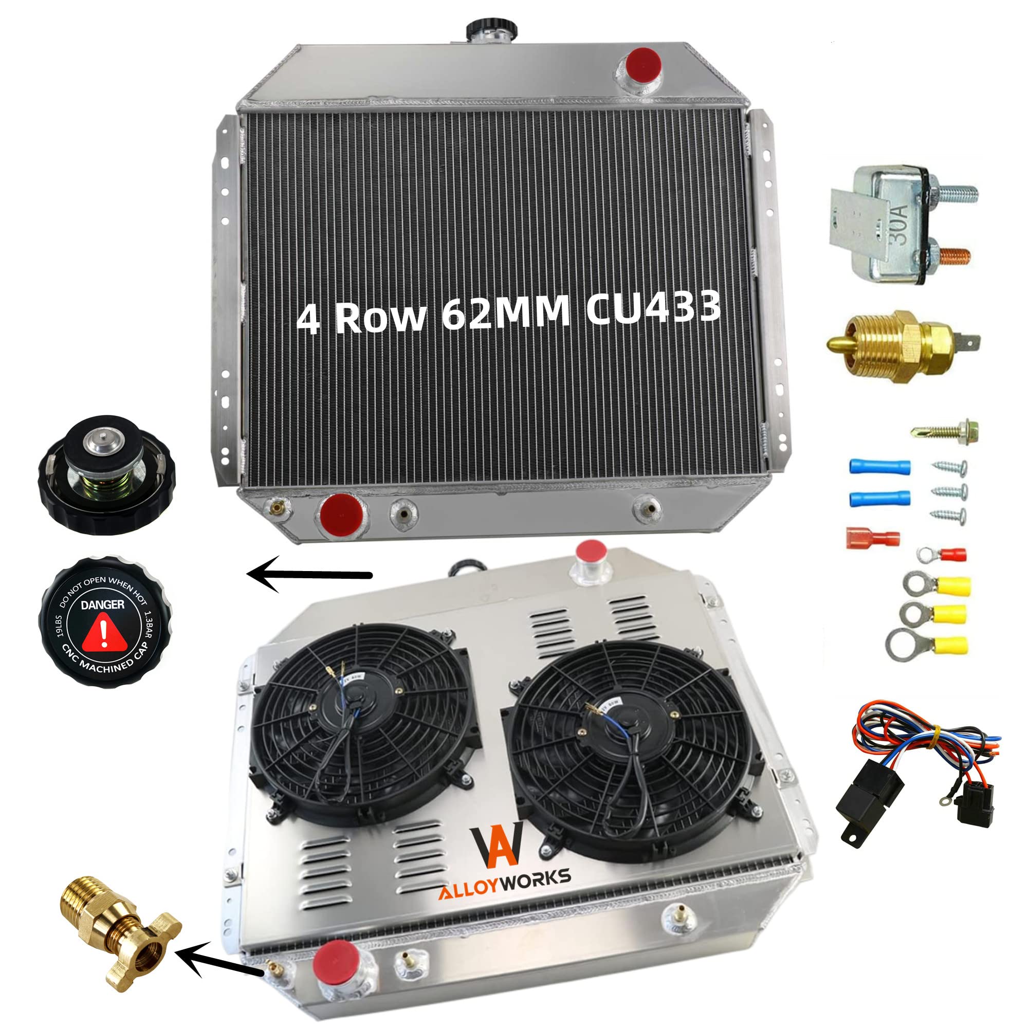 ALLOYWORKS 4 Row All Aluminum Radiator Shroud Fan Thermostat Kit for 1966-1979 Ford F100 F150 F250 F350 Bronco V8 Chevy Engine, 