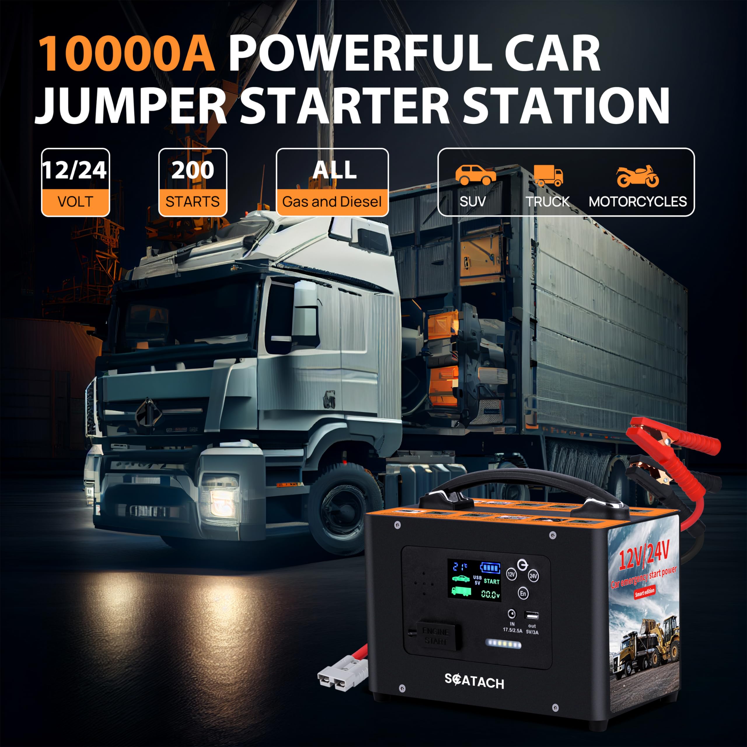 Scatach V10-1 10000A Car Jump Starter,155Wh Battery Jumper Start Power Station For All Gas Or Diesel,24V/12V Heavy Duty Lithium