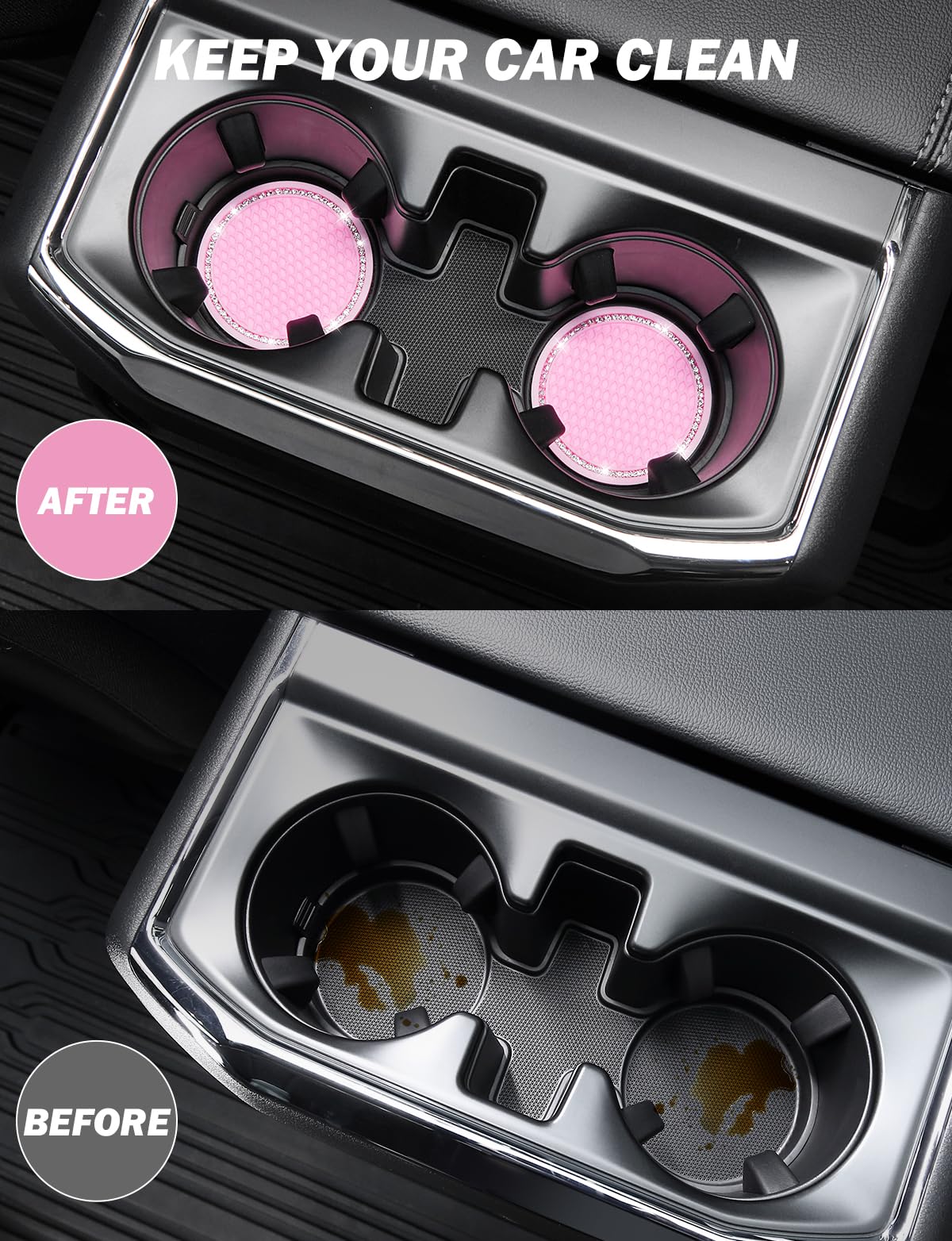 Joytutus Cup Holder Coasters For Car, 2 Pack Universal Anti-Slip Car Coasters With Crystal Rhinestone, 2.75 Inch Pvc Cup Holder