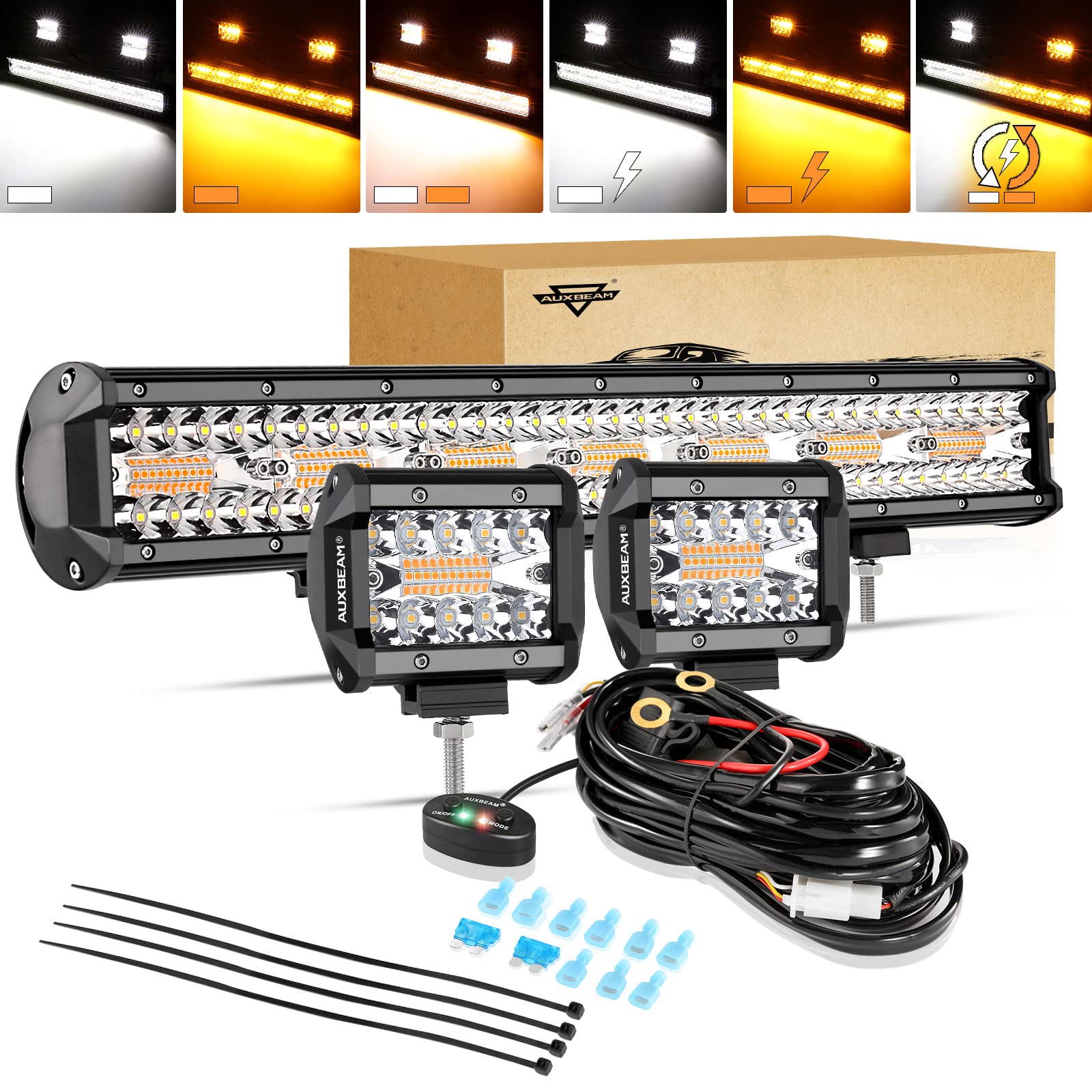 Auxbeam 20 Inch 420W With 2 Pcs 4 Inch 60W Led Light Bar, 6 Modes Amber White Strobe Light, Off-Road Driving Light Spot Flood Co