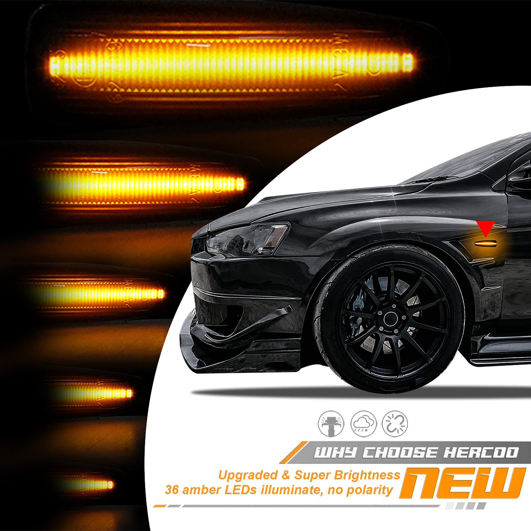 Hercoo Sequential Blink Amber Led Side Marker Light Assembly Compatible With Mitsubishi Lancer Outlander 2008-2013 Turn Signal L