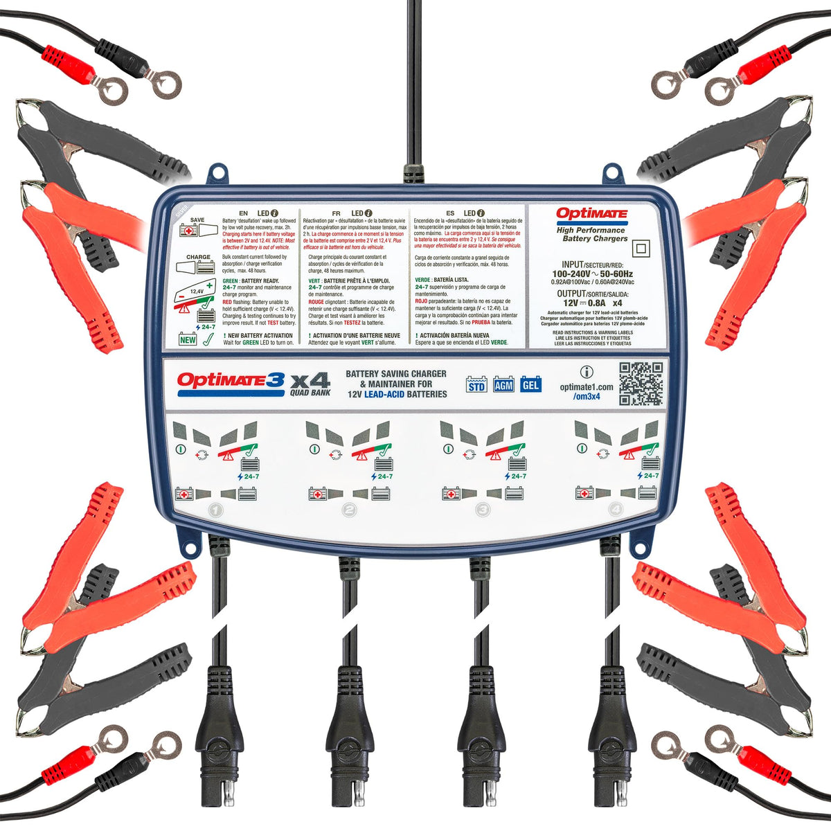 OptiMate3 0.8A x4 Bank, Smart Quad-Bank Battery Saving Charger for 12V Lead-acid Motorcycle and Powersport Batteries