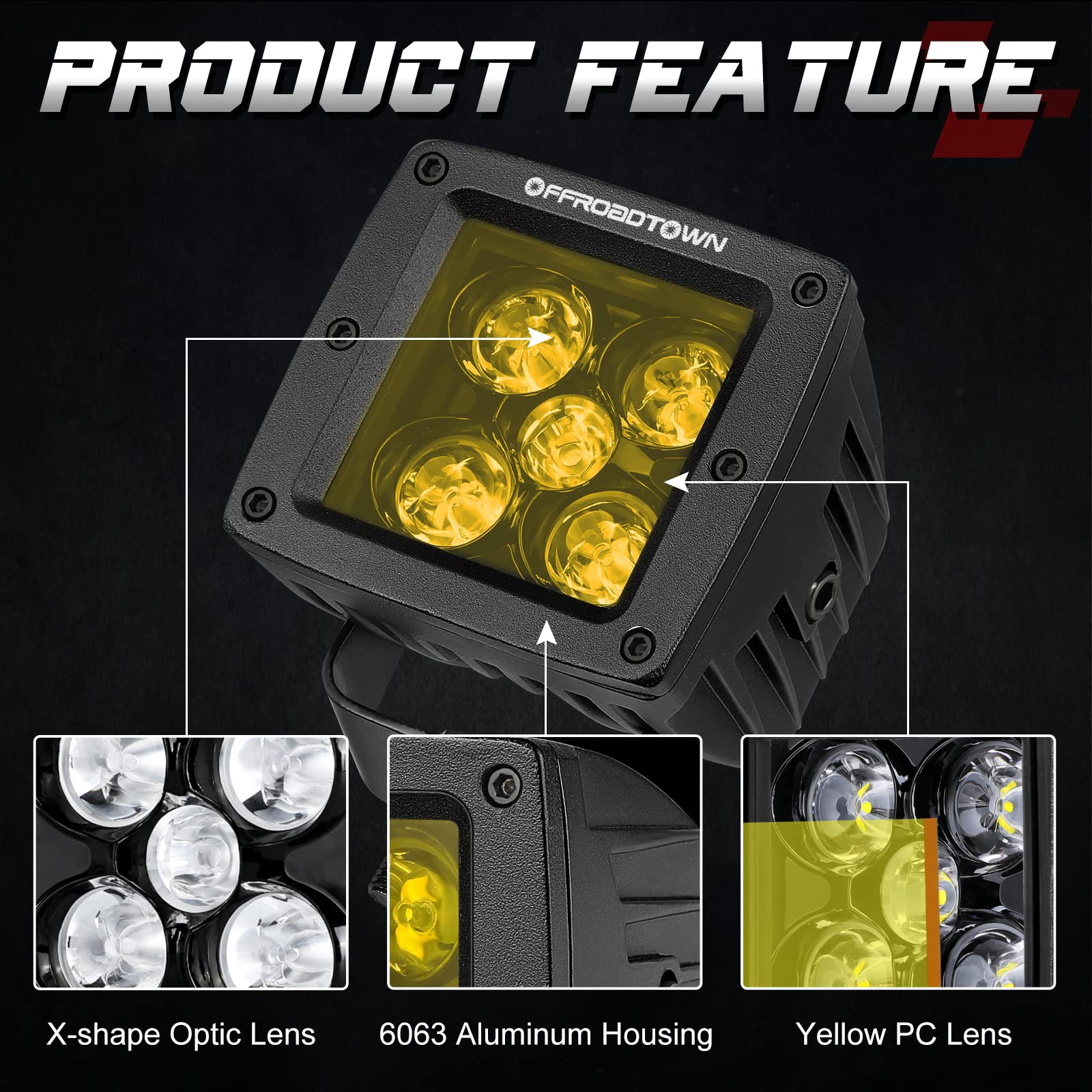 Yellow Led Pods, Offroadtown 100W 2Pcs 3 Inch Cree Led Cubes Light Spot Beam Off Road Driving Lights Led Pod Lights Square Led C