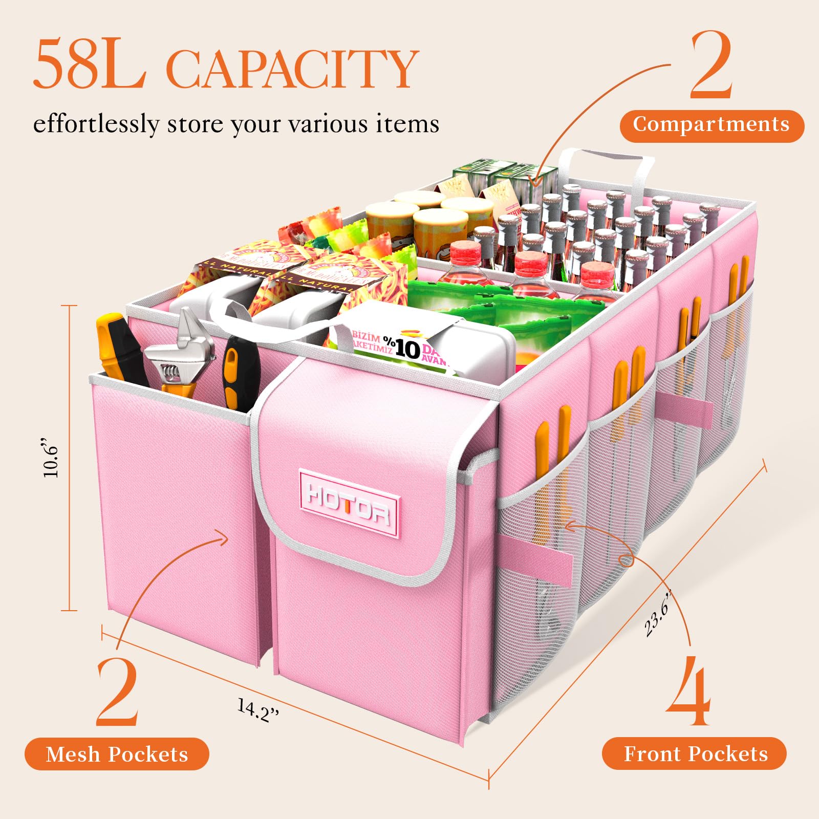 Hotor Foldable Trunk Organizer - Suv & Sedan Compatible, 2 Compartments, Pink, 23.6 ''14.2 ''10.6 '' Sturdy Car Organization For