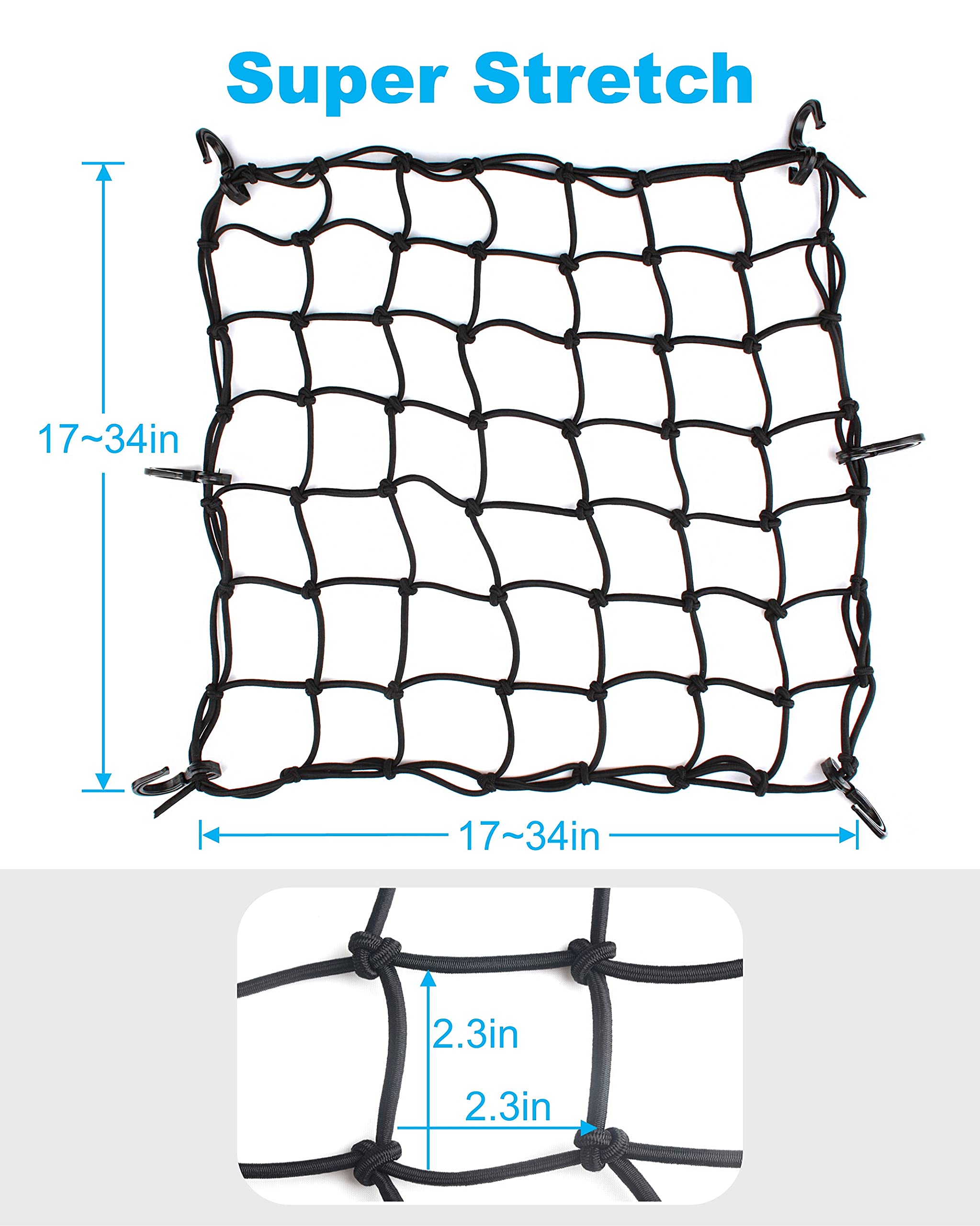 2 Pack Black Cargo Nets, Heavy Duty Latex 17''X17'' Bungee Net Stretches To 34''X34'', Gear Helmet Luggage Net With Tight 2.3''X