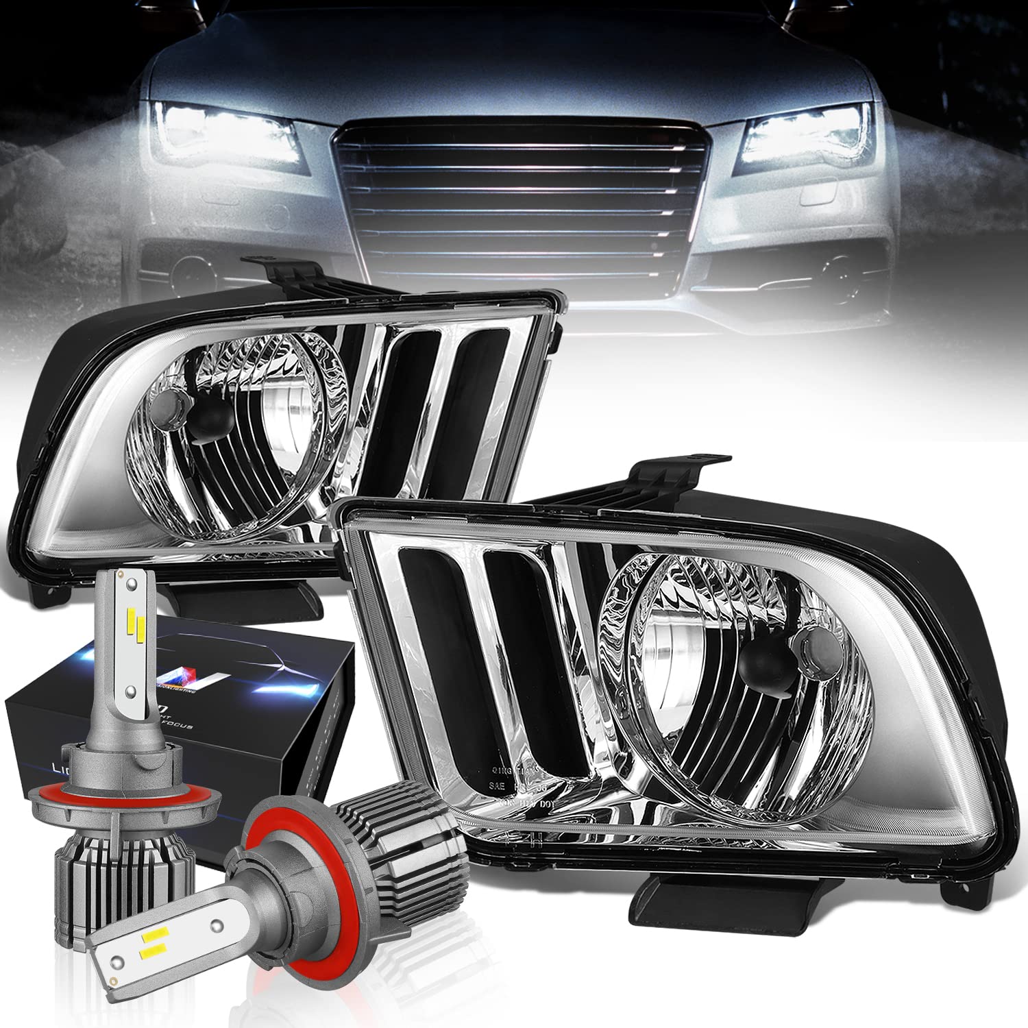 Dna Motoring Hl-Oh-Fm05-Ch-Cl1-Cfs-H13 Black Housing Headlights Replacement Compatible With 05-09 Ford Mustang Pair 10000 Lumens