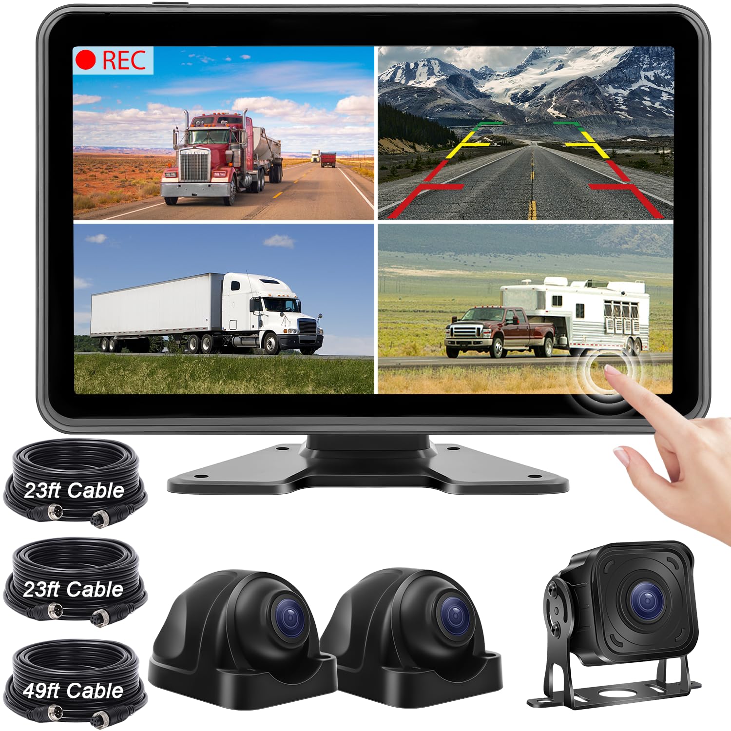 10.1'' Wired Backup Camera System With Touch Screen Monitor For Truck Rv Bus Trailer, 3 Reverse Rear View & Side View Ahd1080P C