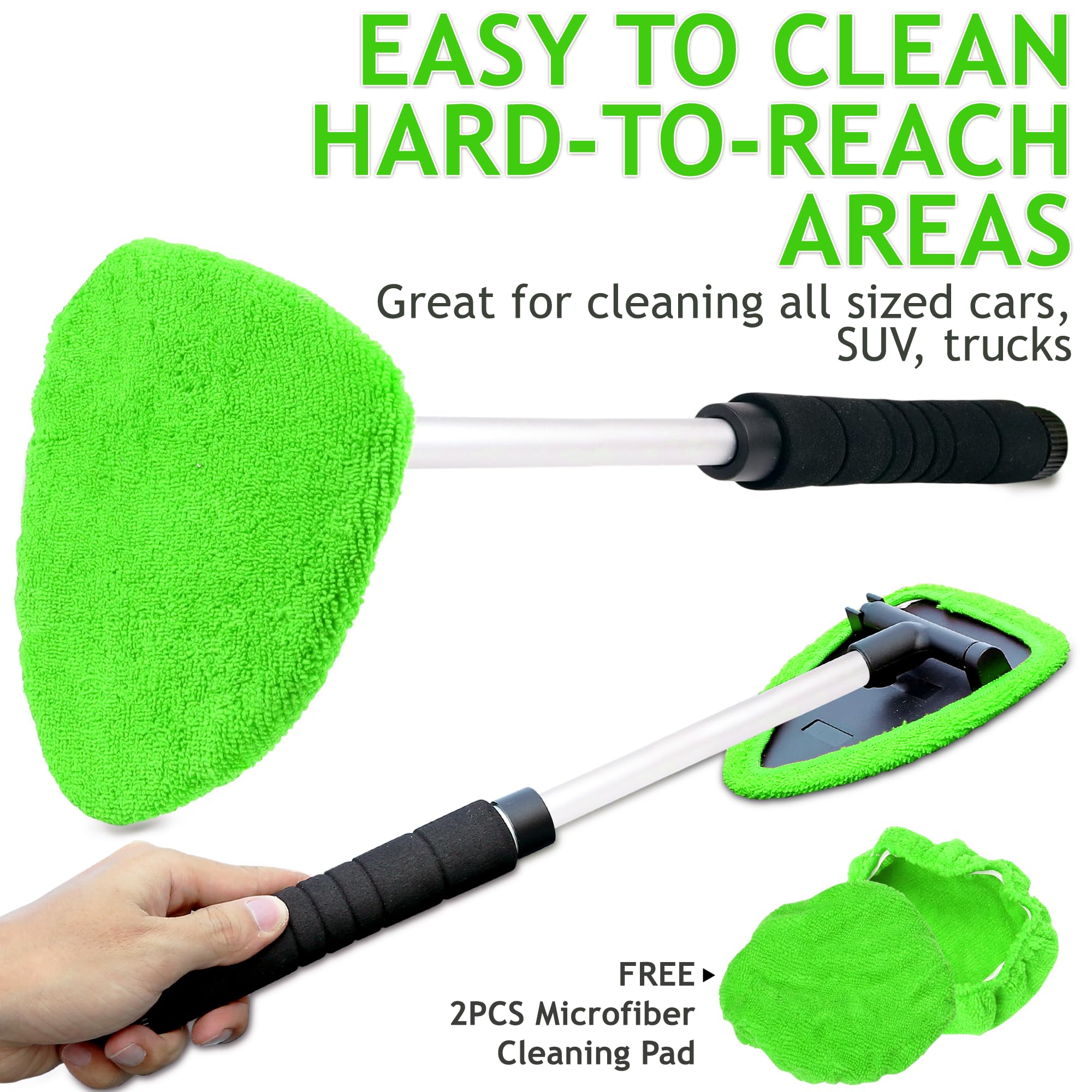 Takavu Car Window Cleaning Tool, Windshield Wiper Cleaner With Extendable Long-Reach Handle, 3 Washable Reusable Microfiber Bonn