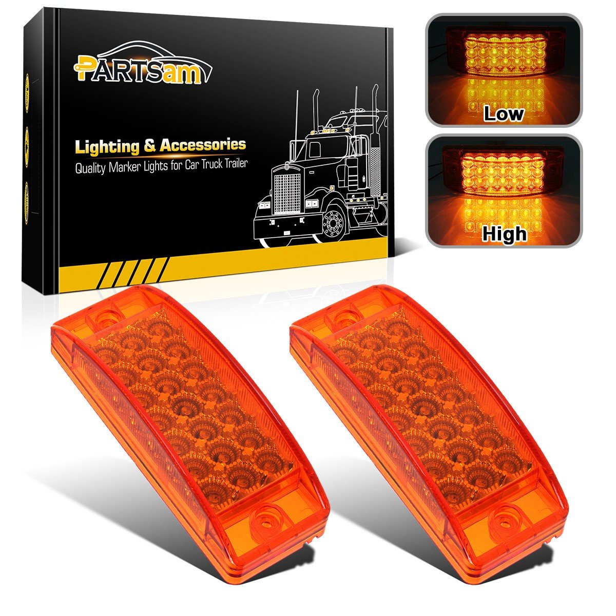 Partsam 2Pcs 6'' Rectangle Amber 21Led Marker Light Turn Signal 6X2 Rectangular Clearance Lights For Trailer Truck Rv Camper Mot
