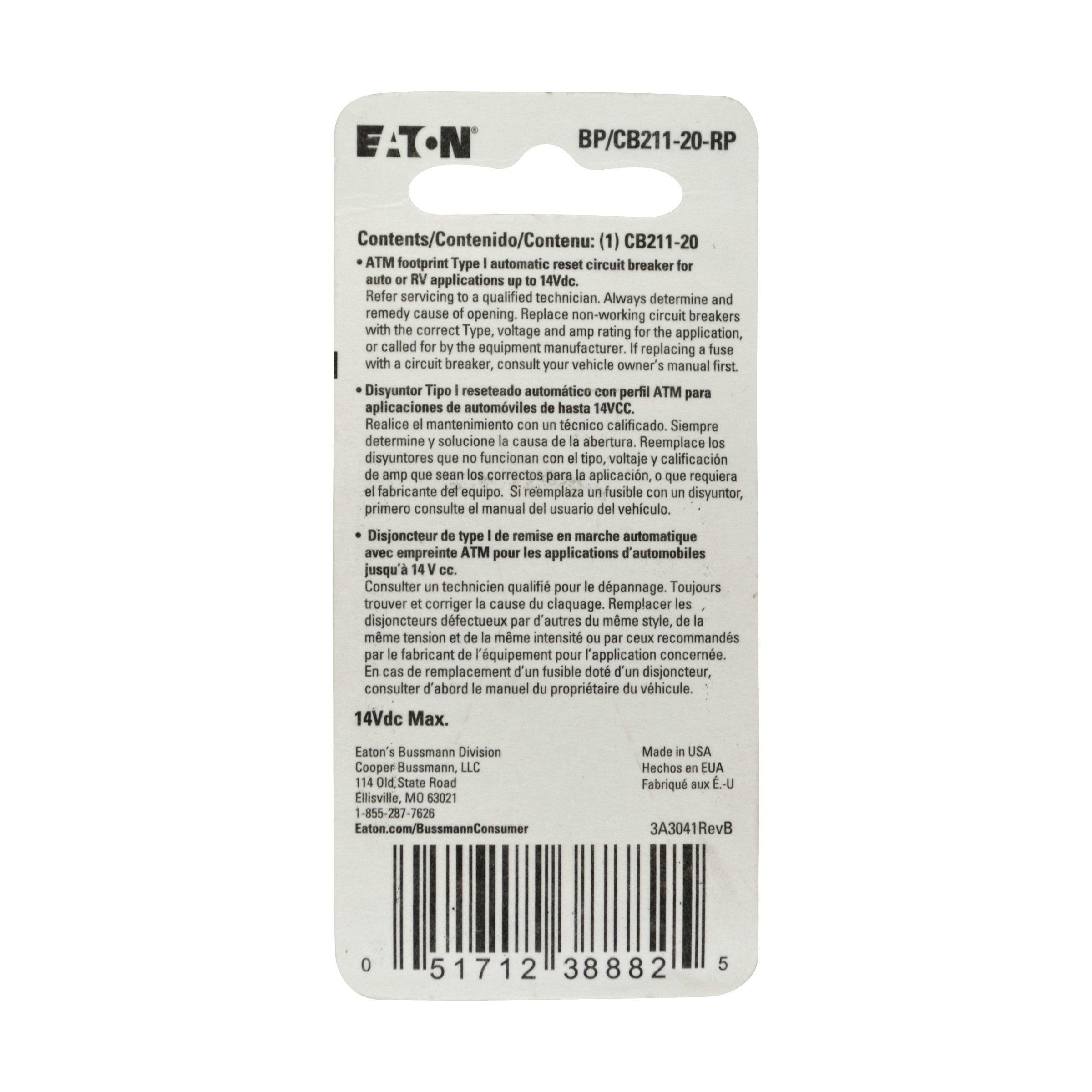 Bussmann (Bp/Cb211-20-Rp) 20 Amp Type-I Atm Mini Circuit Breaker