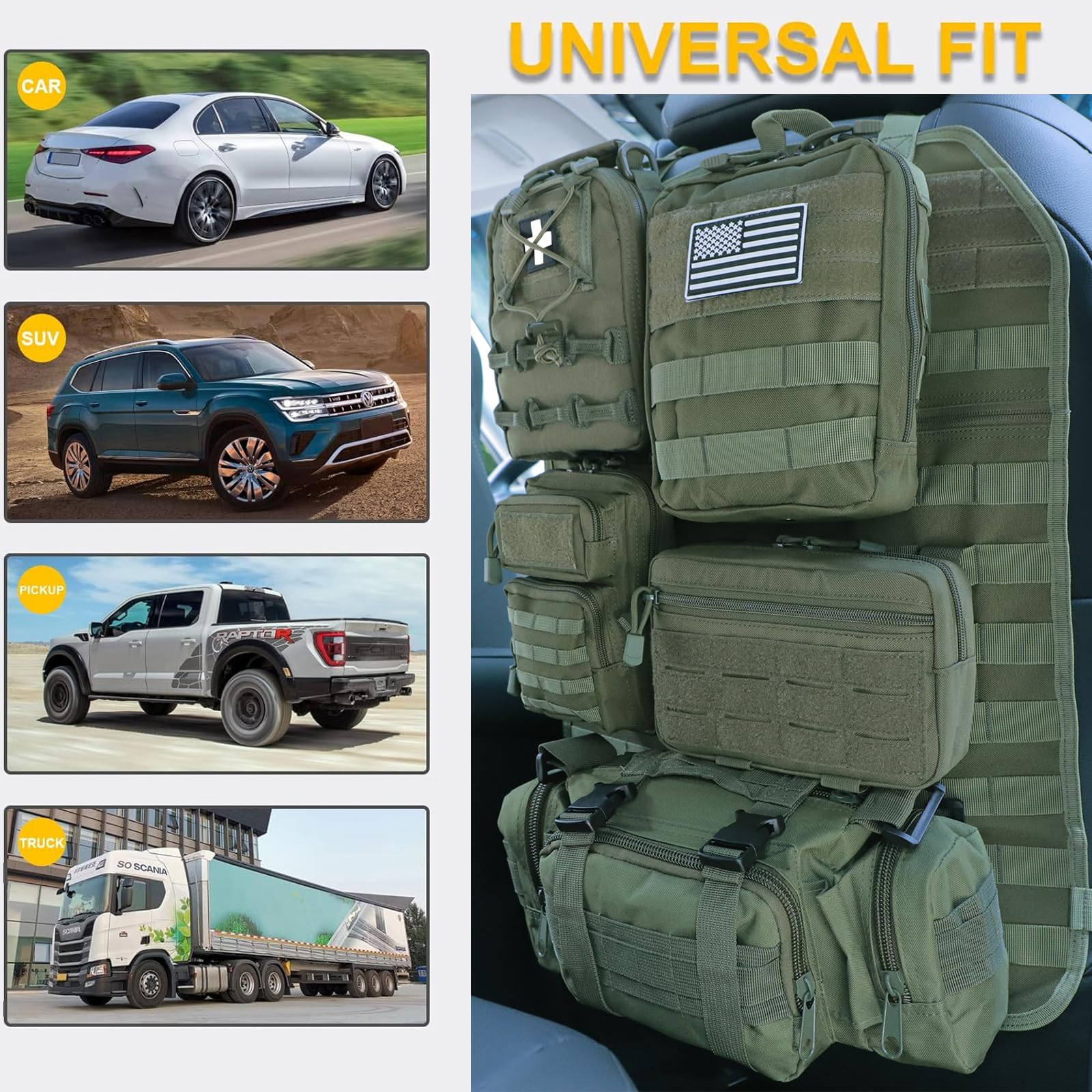 Universal Tactical Seat Back Organizer Vehicle Molle Panel Organizer Storage Bag with 5 Detachable Molle Pouch for All Vehicel S