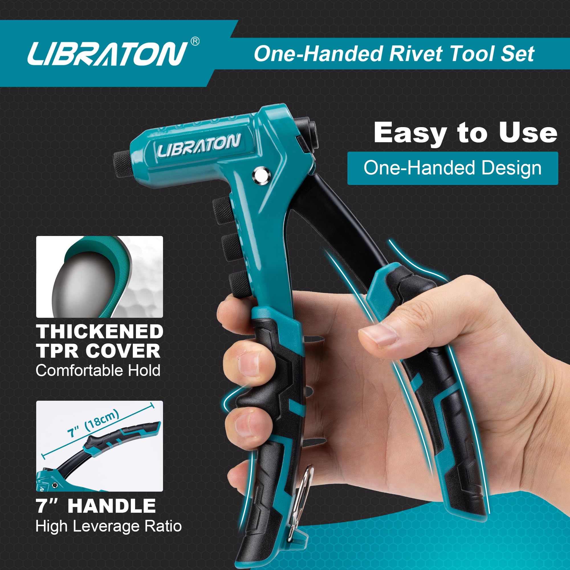 Libraton One-Handed Rivet Gun, Pop Rivet Gun Set, Professional Hand Riveter, Manual Riveting Tool With 200 Rivets For Metal, Inc