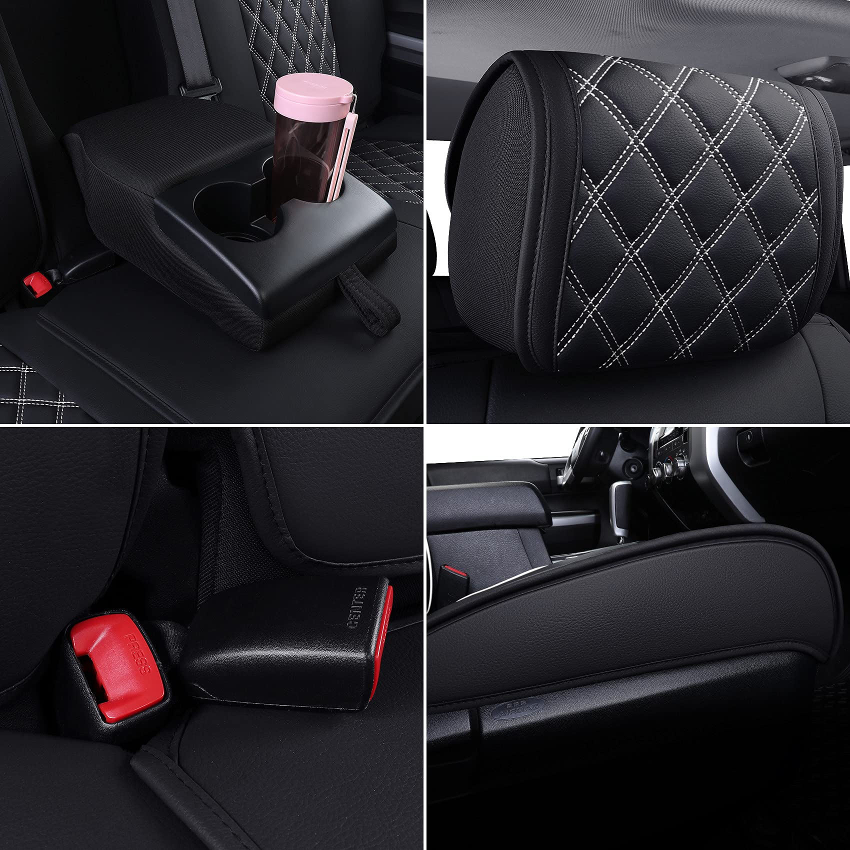 Yiertai Car Seat Covers Compatible With 2008-2025 Toyota Tundra Crewmax Double Cab Sr5 Limited Platinum Trd Pro Crew Cab Truck Waterproof Leather Seat Covers(5 Pcs Full Set/Black-White)