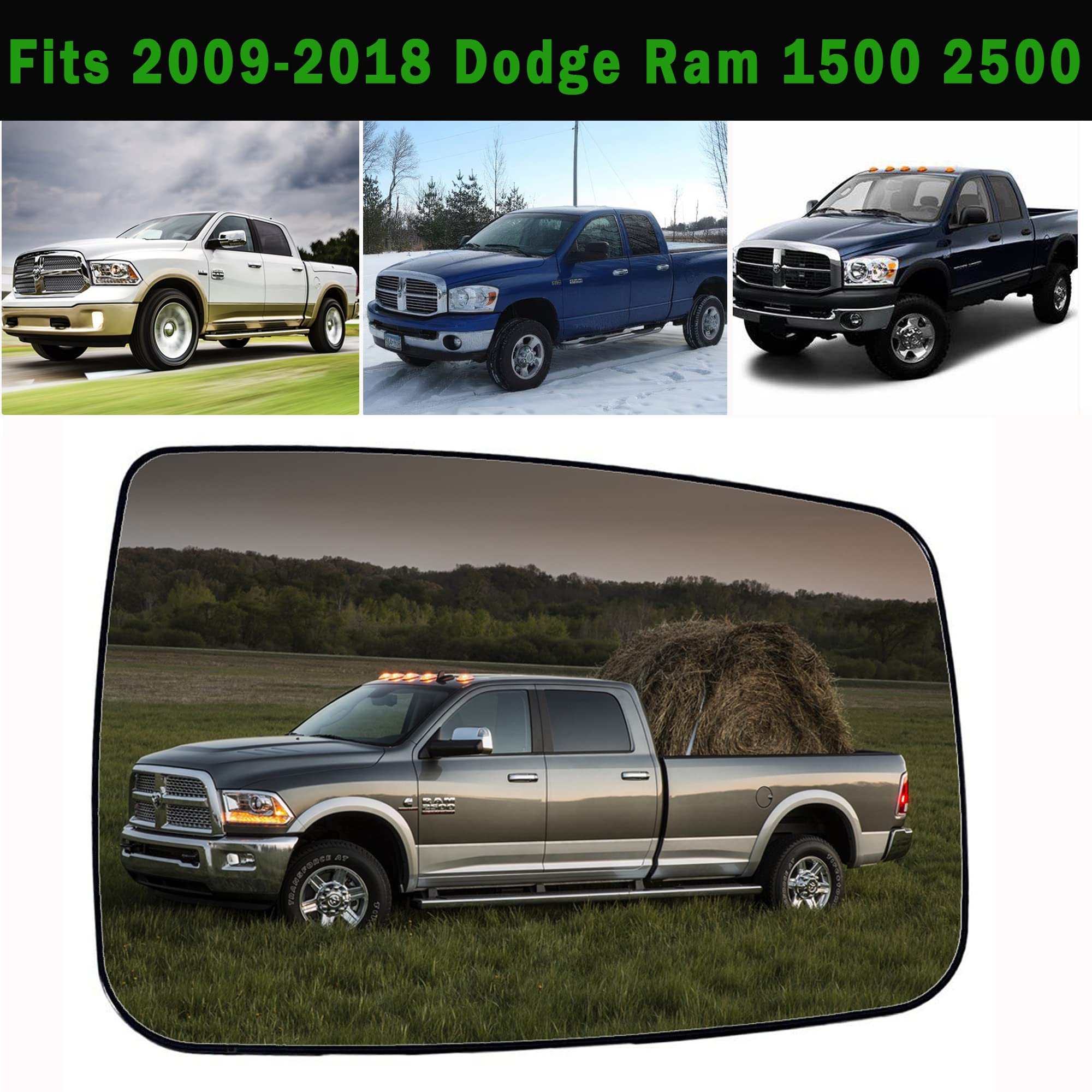 Ram Passenger Right Side Heated Mirror Glass Compatible With 2009-2018 Dodge Ram 1500 2500 Right Power Heated Convex Mirror Glass 68050298Aa, 68079362Aa