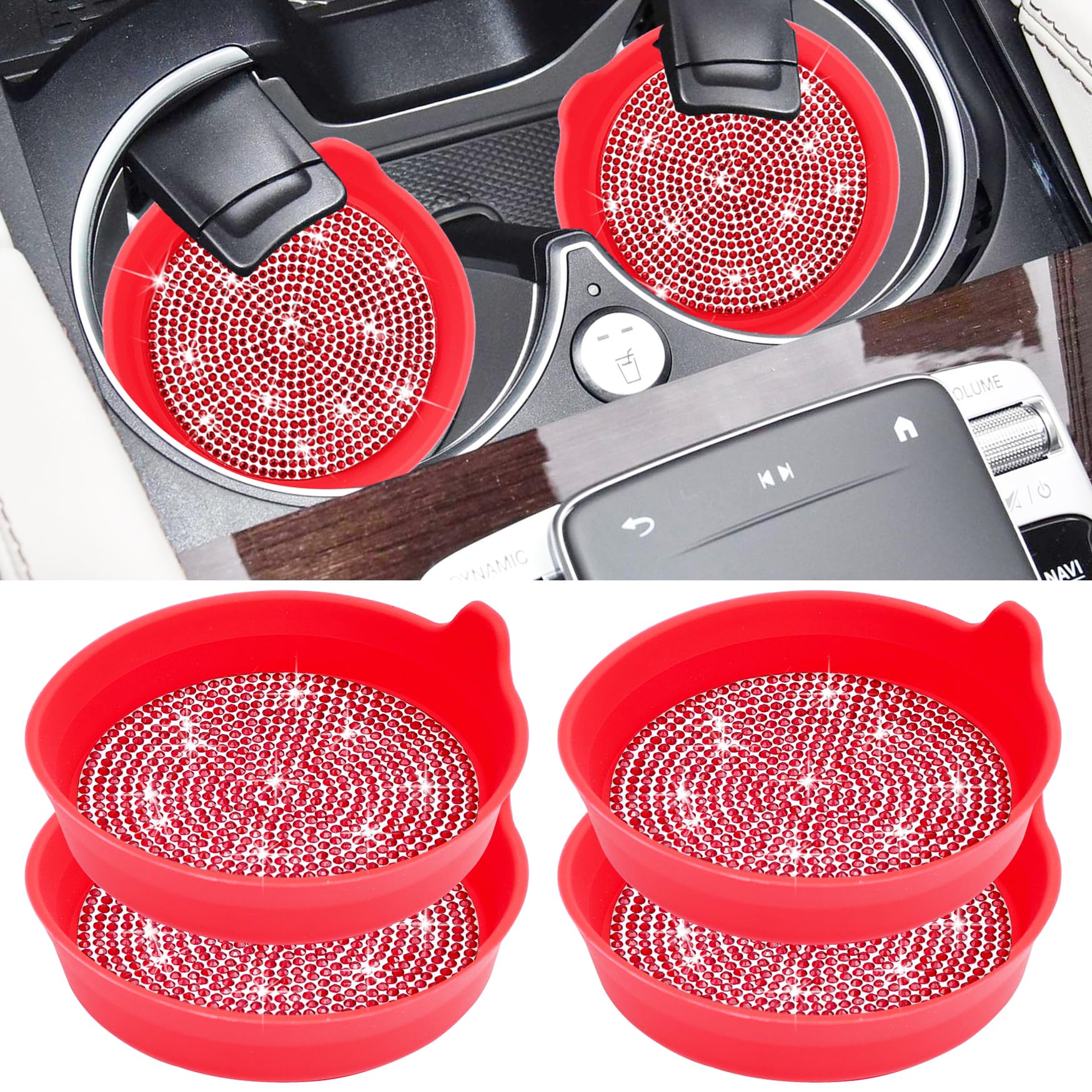 Amooca Car Cup Coaster Universal Non-Slip Cup Holders Bling Crystal Rhinestone Car Interior Accessories 4 Pack Red Whole Rhinest