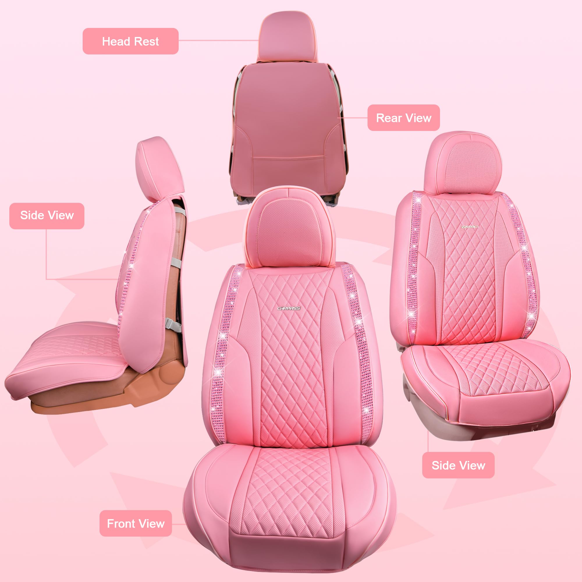 Car Pass Bling Pink Nappa Leather Car Seat Covers For Front Seats, Waterproof Heavy-Duty Anti-Slip, Universal Fit For 95% Auto S