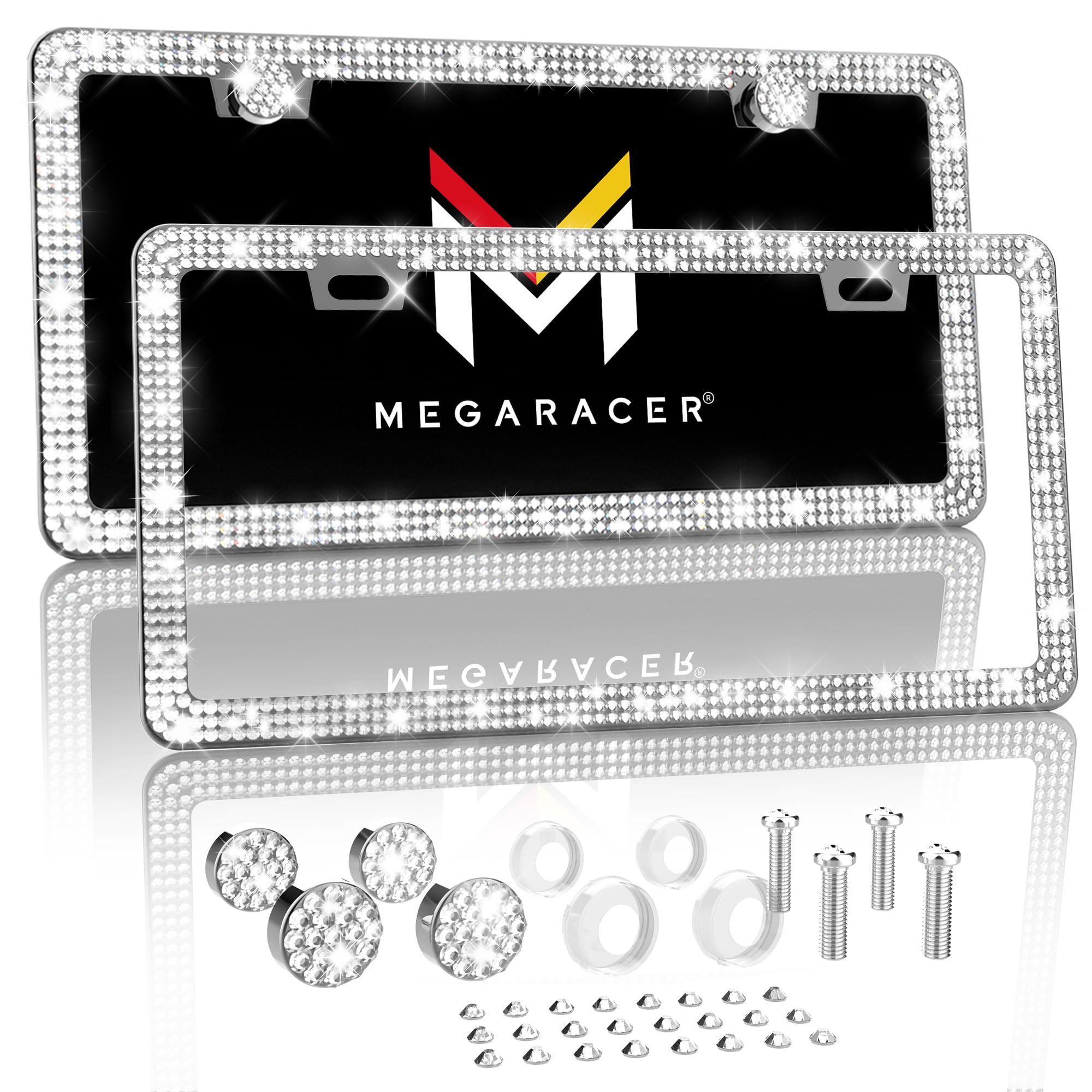 Mega Racer White Bling License Plate Frame 2 Pack - 650 Pieces Premium Crystal Diamond Rhinestones, 2 Holes Stainless Steel Weat
