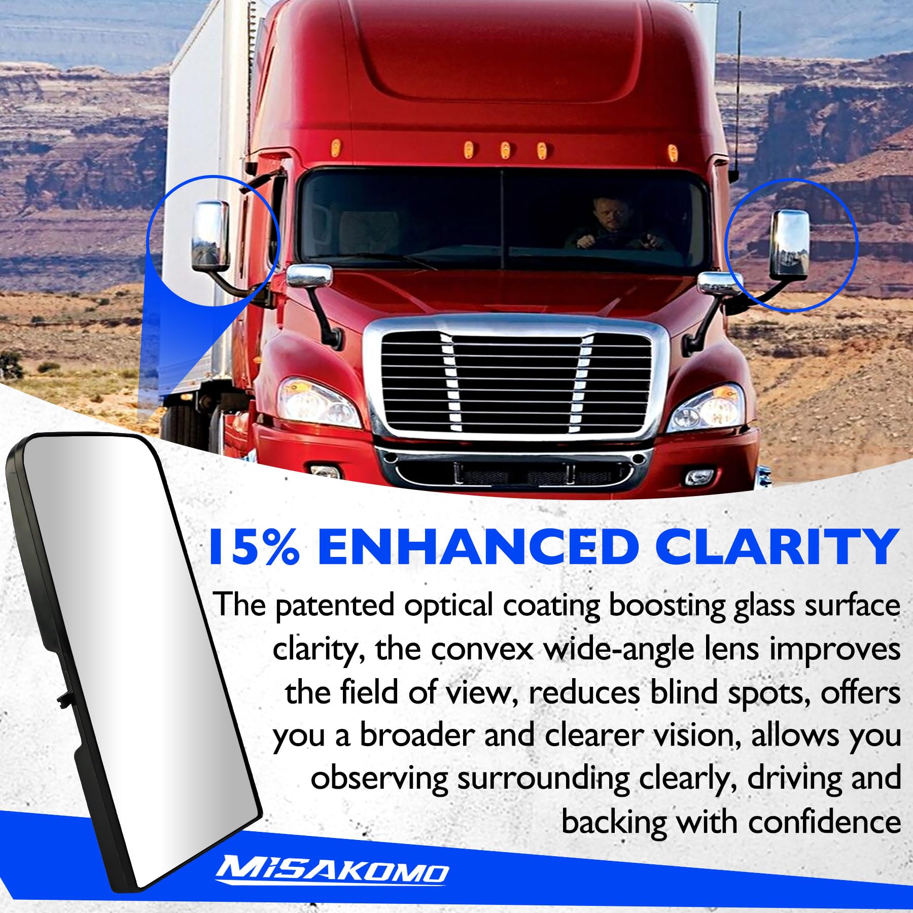 Heated Upper Flate Mirror Glass, Compatible with 2008-2017 Freightliner Cascadia, Replace TL-28716A Wide View Clear Vision High