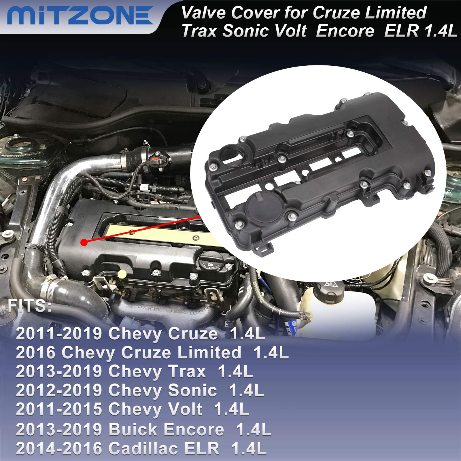 Mitzone Engine Valve Cover Compatible With 2011-2019 Chevy Cruze Sonic Volt Trax Buick Encore Cadillac Elr 1.4L Turbo Replace# 55573746 25198498 264-968