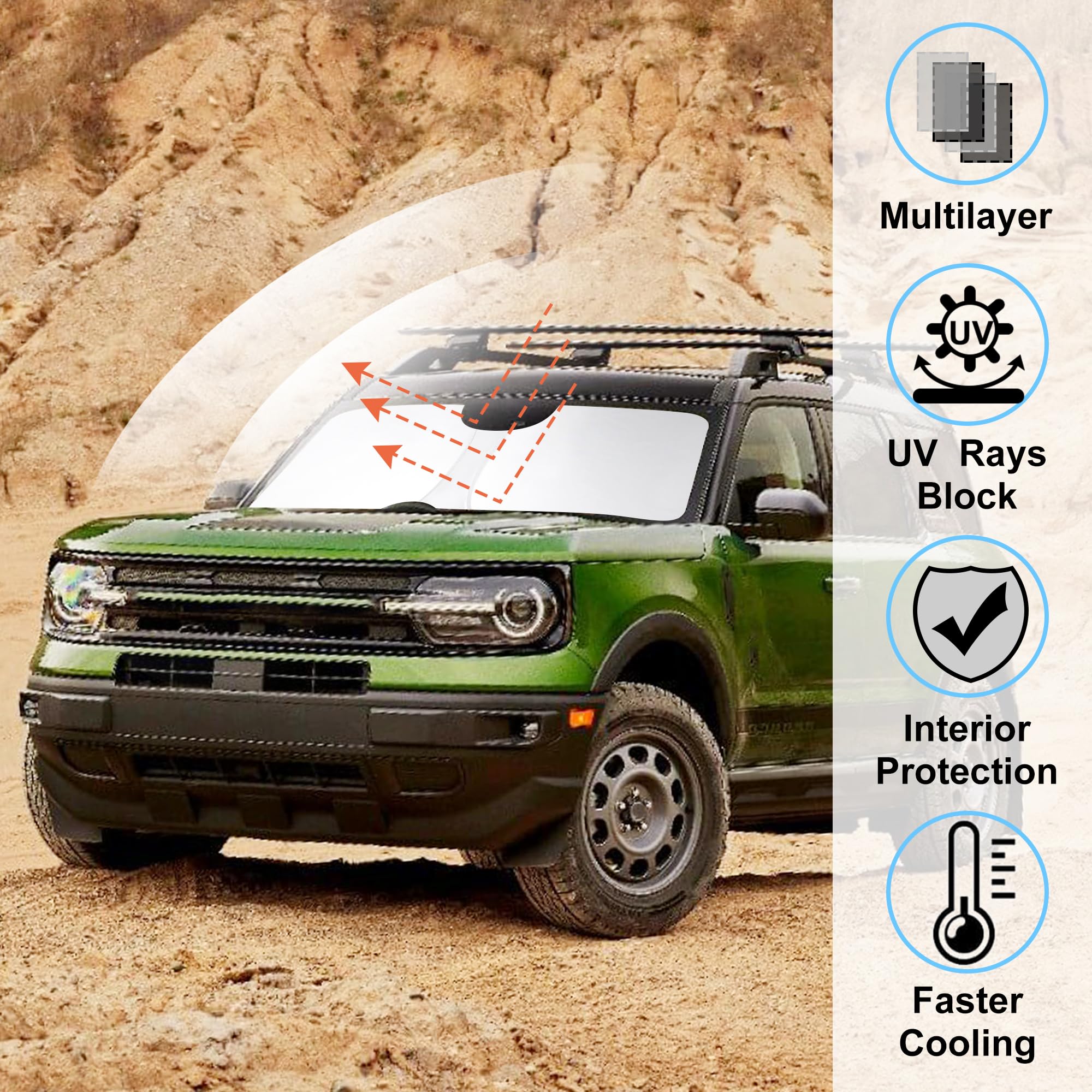 Windshield Sun Shade Custom Fit For 2021 2022 2023 2024 2025 Ford Bronco Sport Accessories Foldable Sunshade Sun Blocker Protect