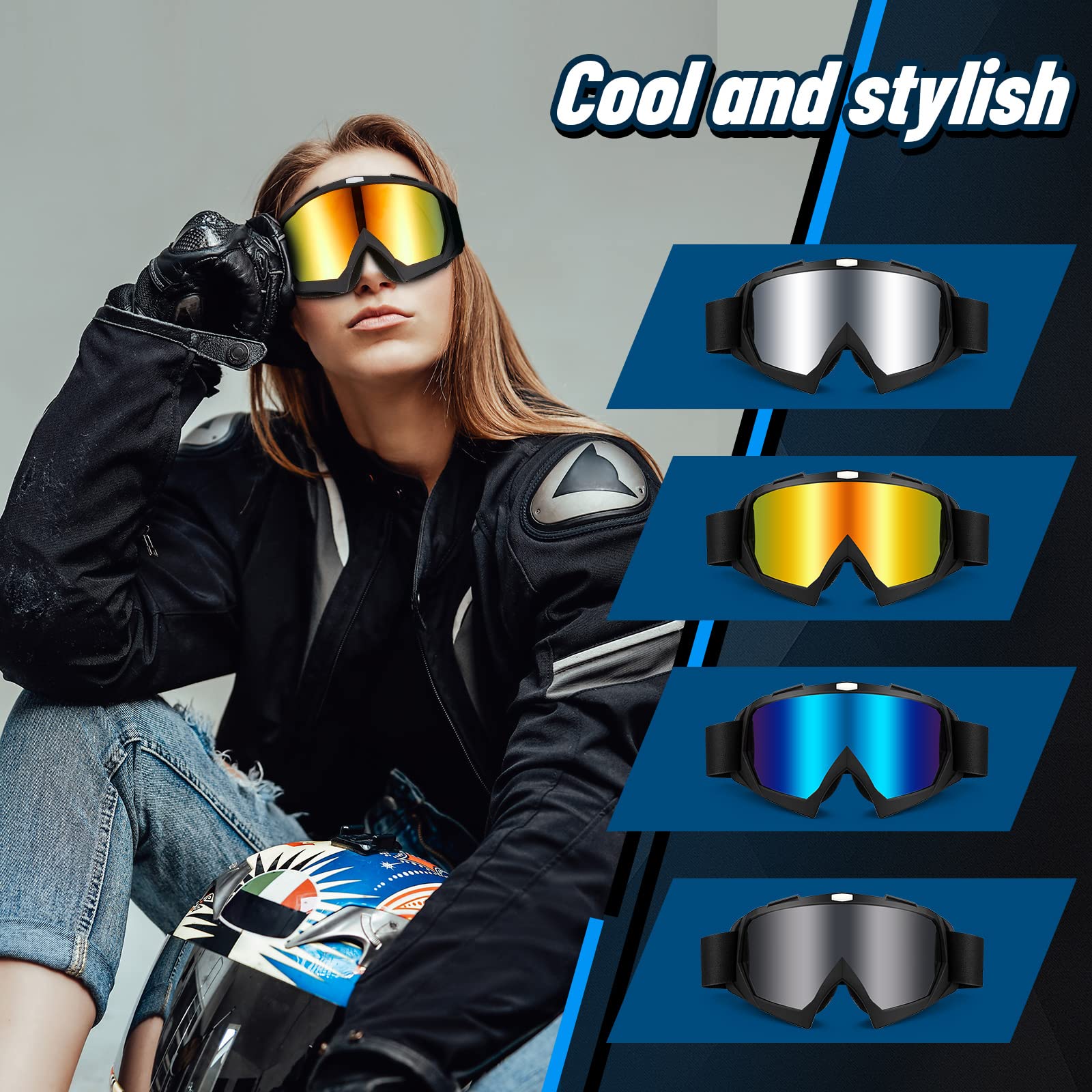 Tallew 4 Pack Dirt Bike Goggle Motorcycle Goggle off Road ATV UTV Goggle Anti Scratch Riding Goggle Glasses for Men Women(Simple