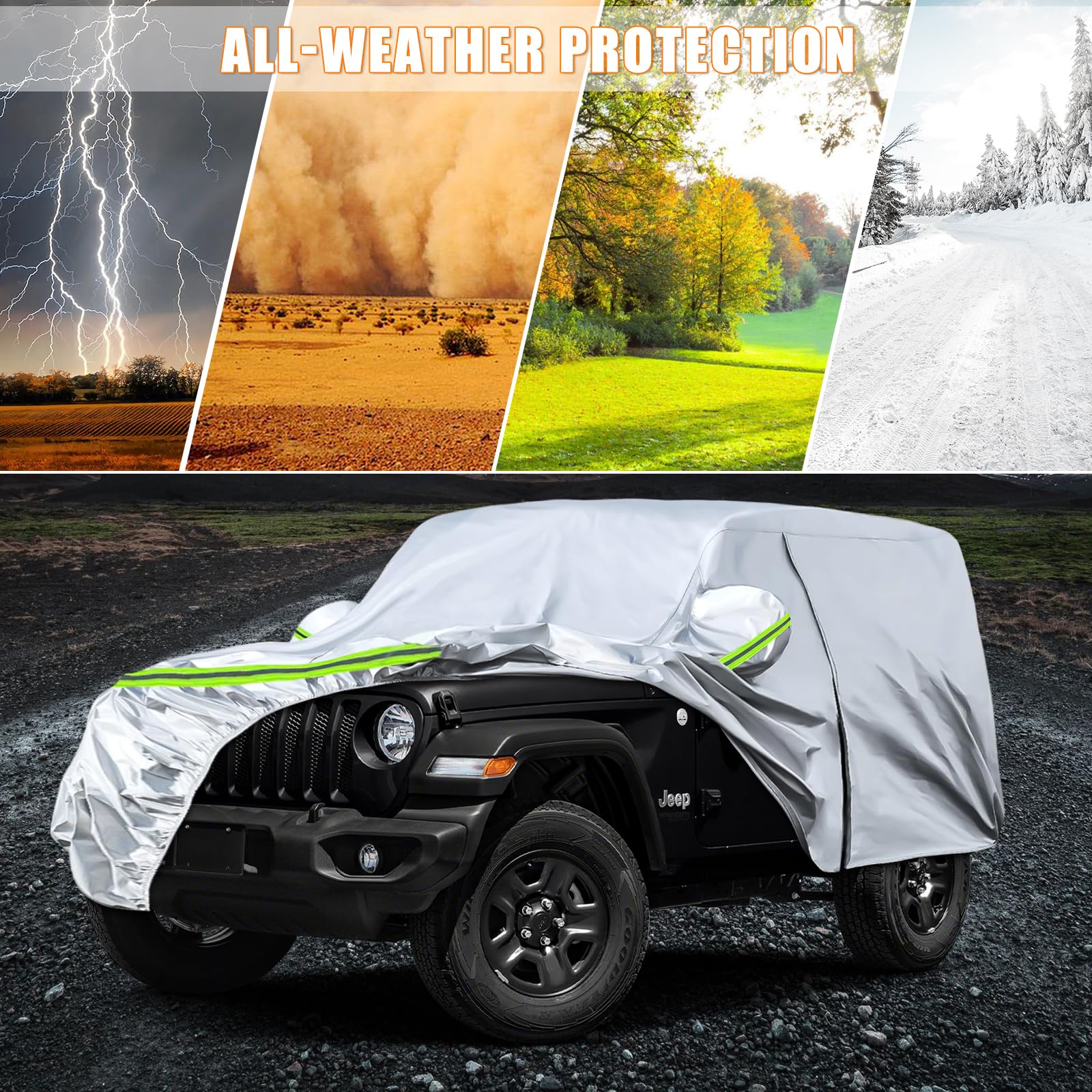 Waterproof Car Covers Replace For 2007-2025 Jeep Wrangler 2 Doors, 6 Layers Silver All Weather Car Cover With Zipper Door & Wind