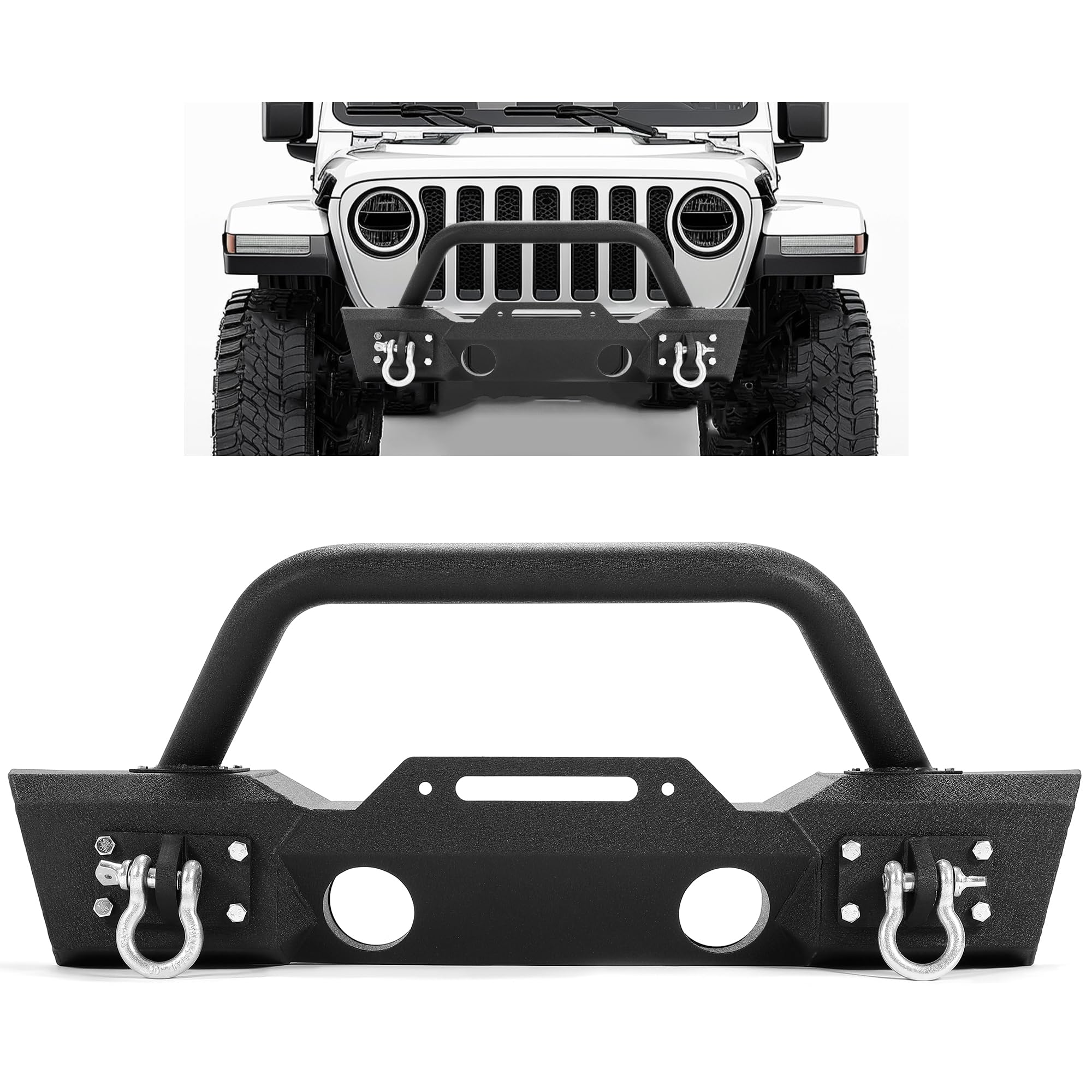 Ecotric Stubby Front Bumper Compatible With 2007-2024 Jeep Wrangler Jk Jl Gladiator Jt W/Fog Light Housing & D-Rings Steel Powde