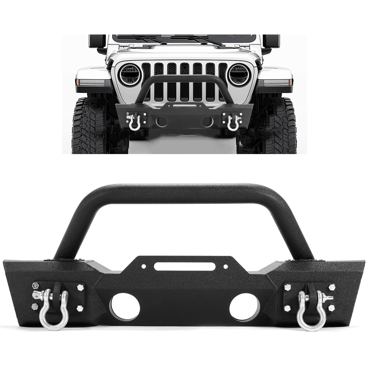 Ecotric Stubby Front Bumper Compatible With 2007-2024 Jeep Wrangler Jk Jl Gladiator Jt W/Fog Light Housing & D-Rings Steel Powde