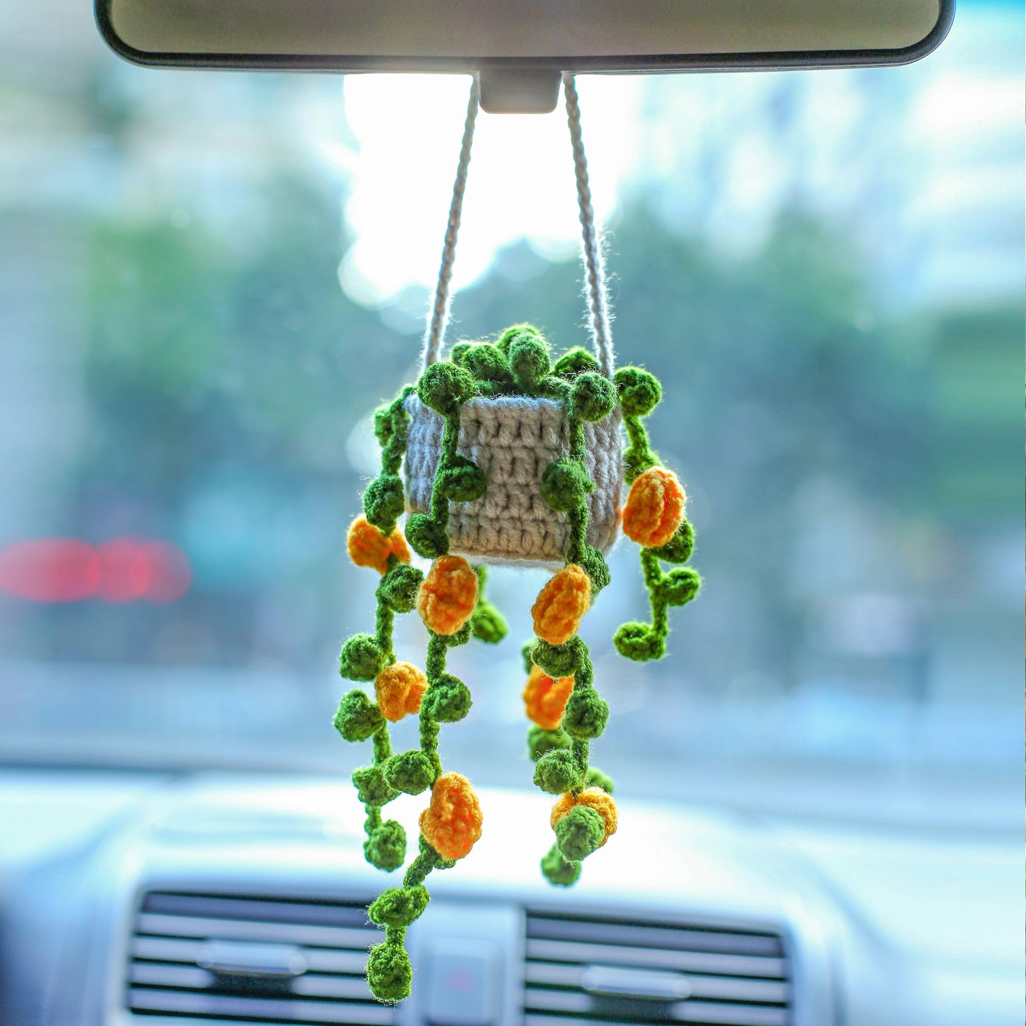 Cute Potted Plants Crochet Hanging Car Accessories Crochet Pendant Rear View Mirror Accessories Swing Car Decoration For Women M