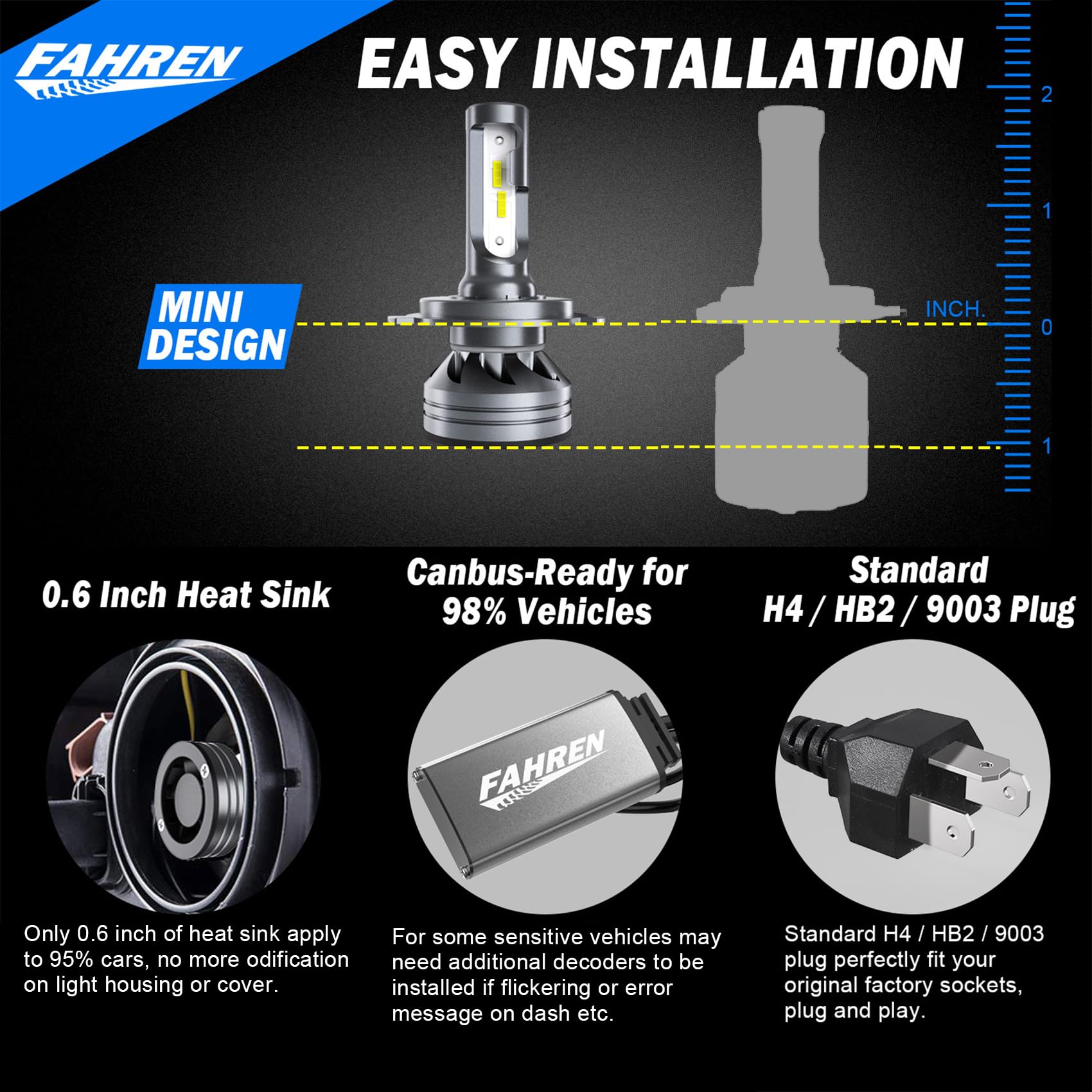 Fahren H4 Driving Light Bulbs 800% Super Bright 9003 Fog Bulbs With 12000 Rpm Turbo Fan, 6500K Cool White Ip68 Waterproof Pack O