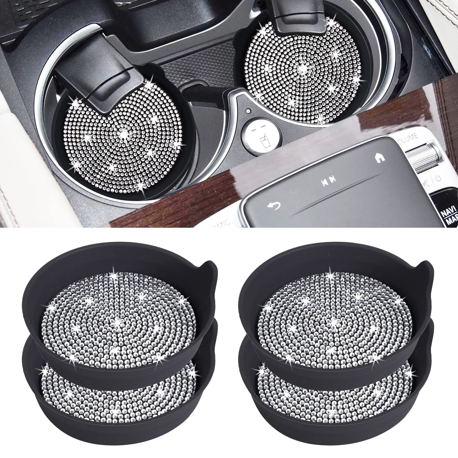 Amooca Car Cup Coaster Universal Non-Slip Cup Holders Bling Crystal Rhinestone Car Interior Accessories 4 Pack Black Whole Rhine