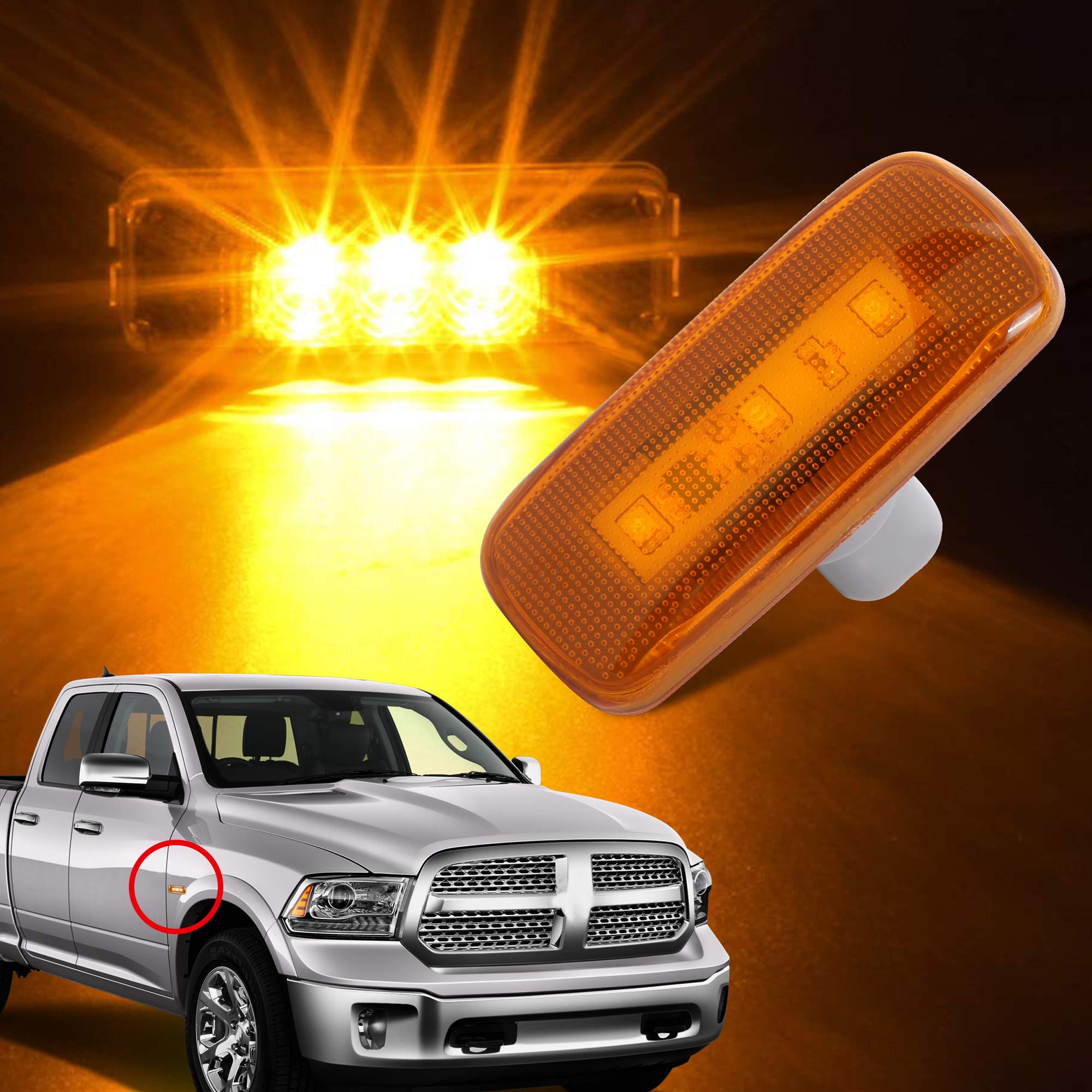 Husuku 4Pcs Dual Cab Bed Fender Led Side Marker Lights For 2010-2017 Dodge Ram 2500 3500 (2X Amber, 2X Red)