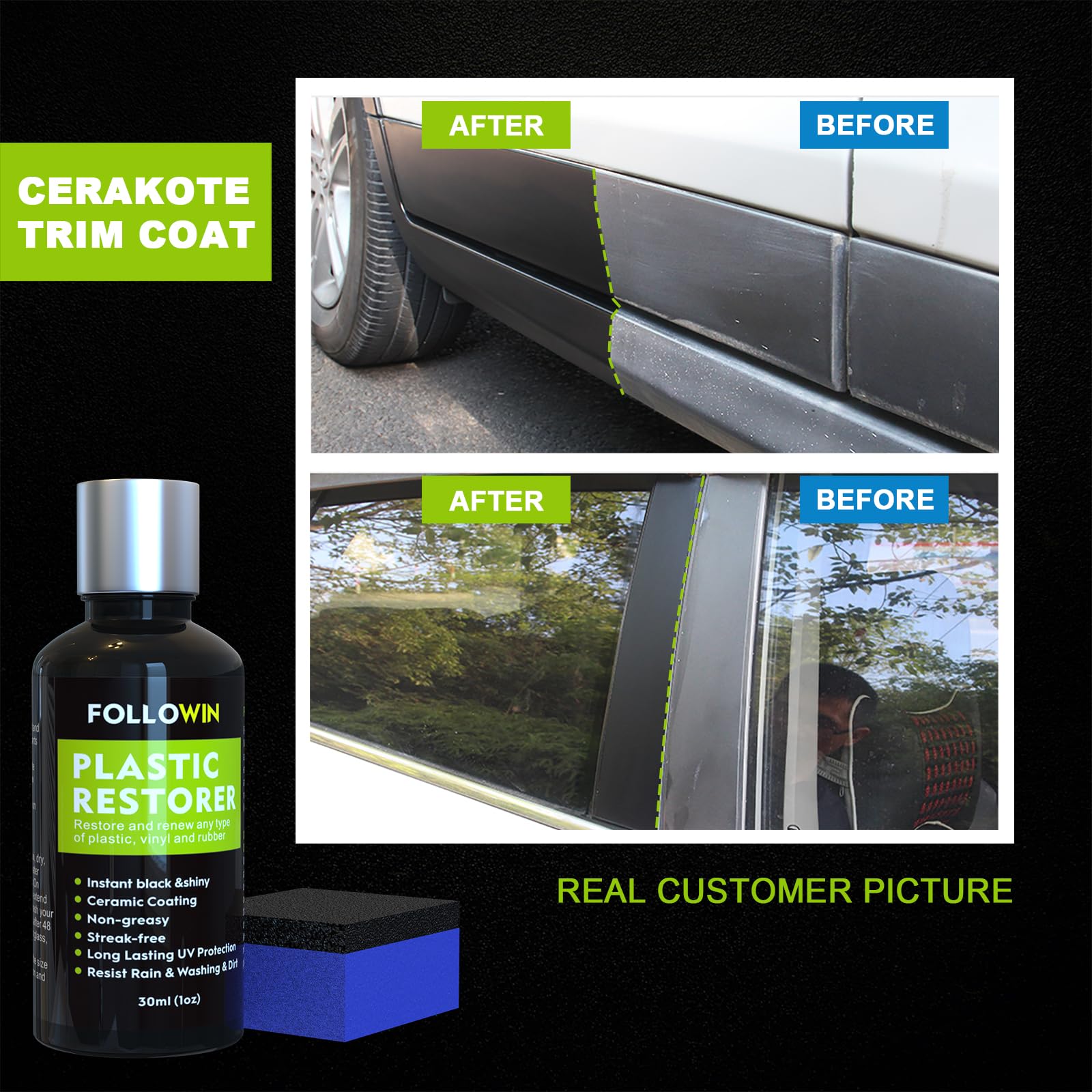 Followin Plastic Restorer For Cars Ceramic Plastic Coating Trim Restore, Resists Water, Uv Rays, Dirt, Ceramic Coating, Not Dressing, Hydrophobic Trim Coating, Highly Concentrated, 30Ml