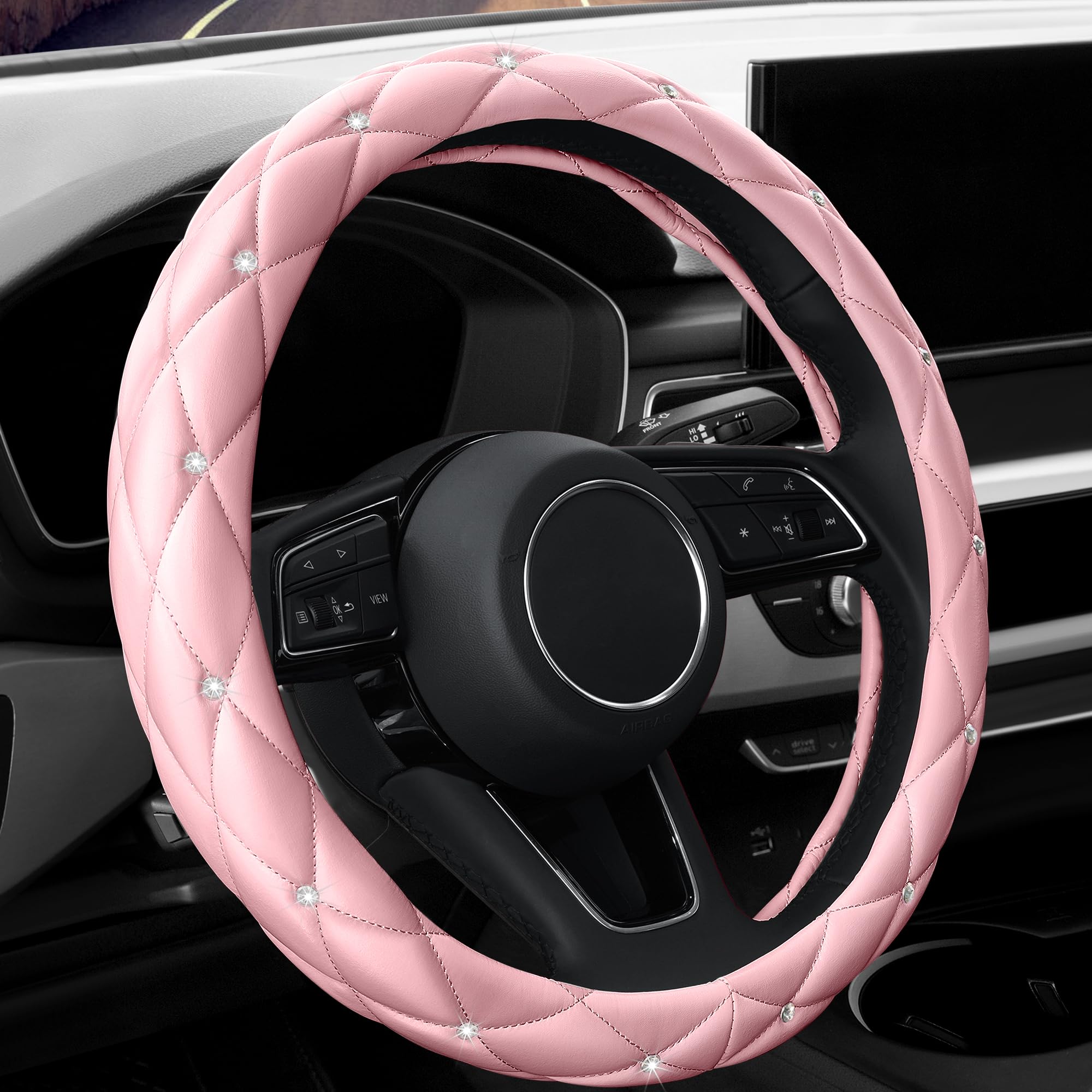 Yogurtck Cute Diamond Soft Light Pink Leather Anti-Slip Steering Wheel Cover With Bling Bling Crystal Rhinestones, Universal 15