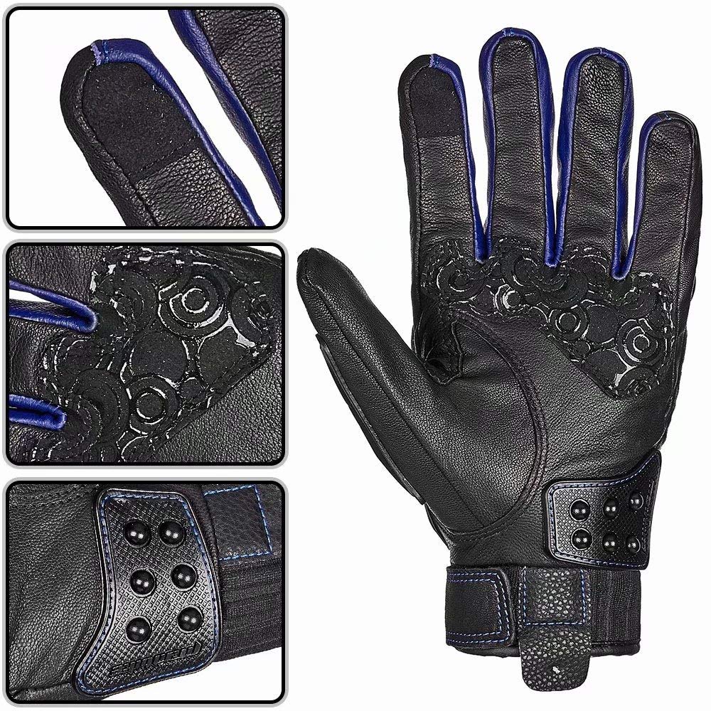 Ilm Alloy Steel Leather Hard Knuckle Touchscreen Motorcycle Bicycle Motorbike Powersports Racing Gloves (Xl, (Leather) Blue) Mod