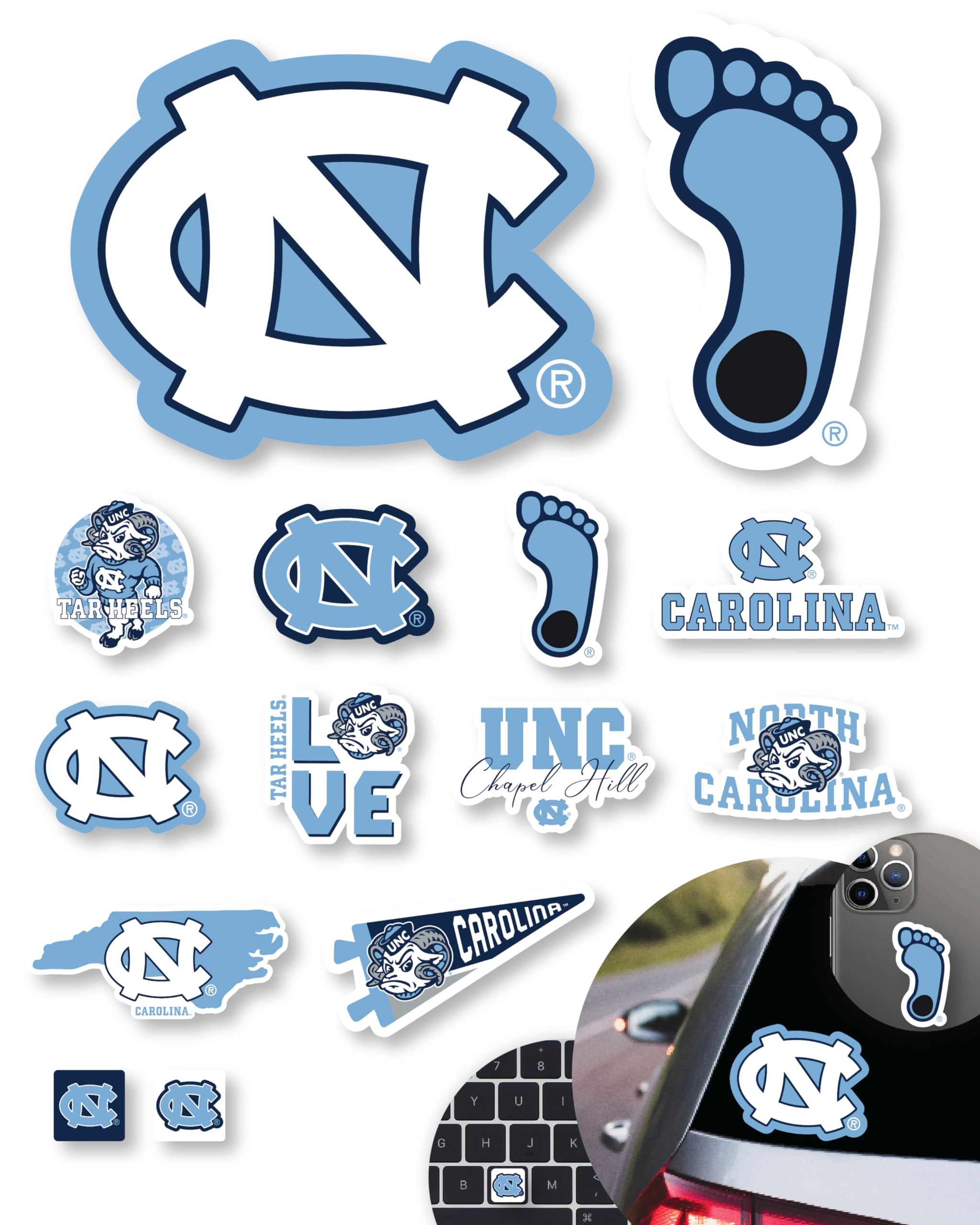 North Carolina Tar Heels Stickers (14 Pcs) 2 Large 5'' For Car Windows 10 Medium 2.5'' For Water Bottles Laptops Phones 2 Mini D