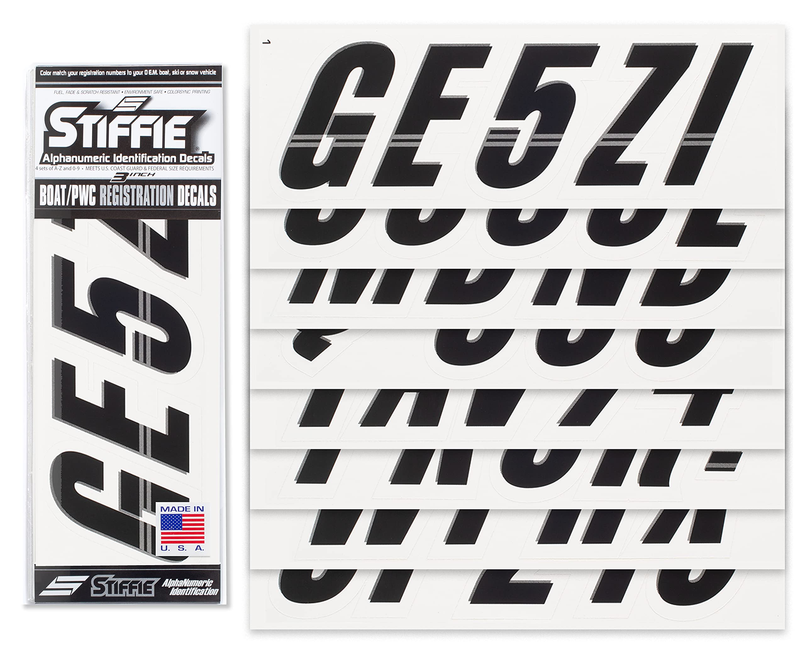 Stiffie Techtron Black/White 3 '' Boat & Pwc Registration Decals  Numbers Letters Stickers
