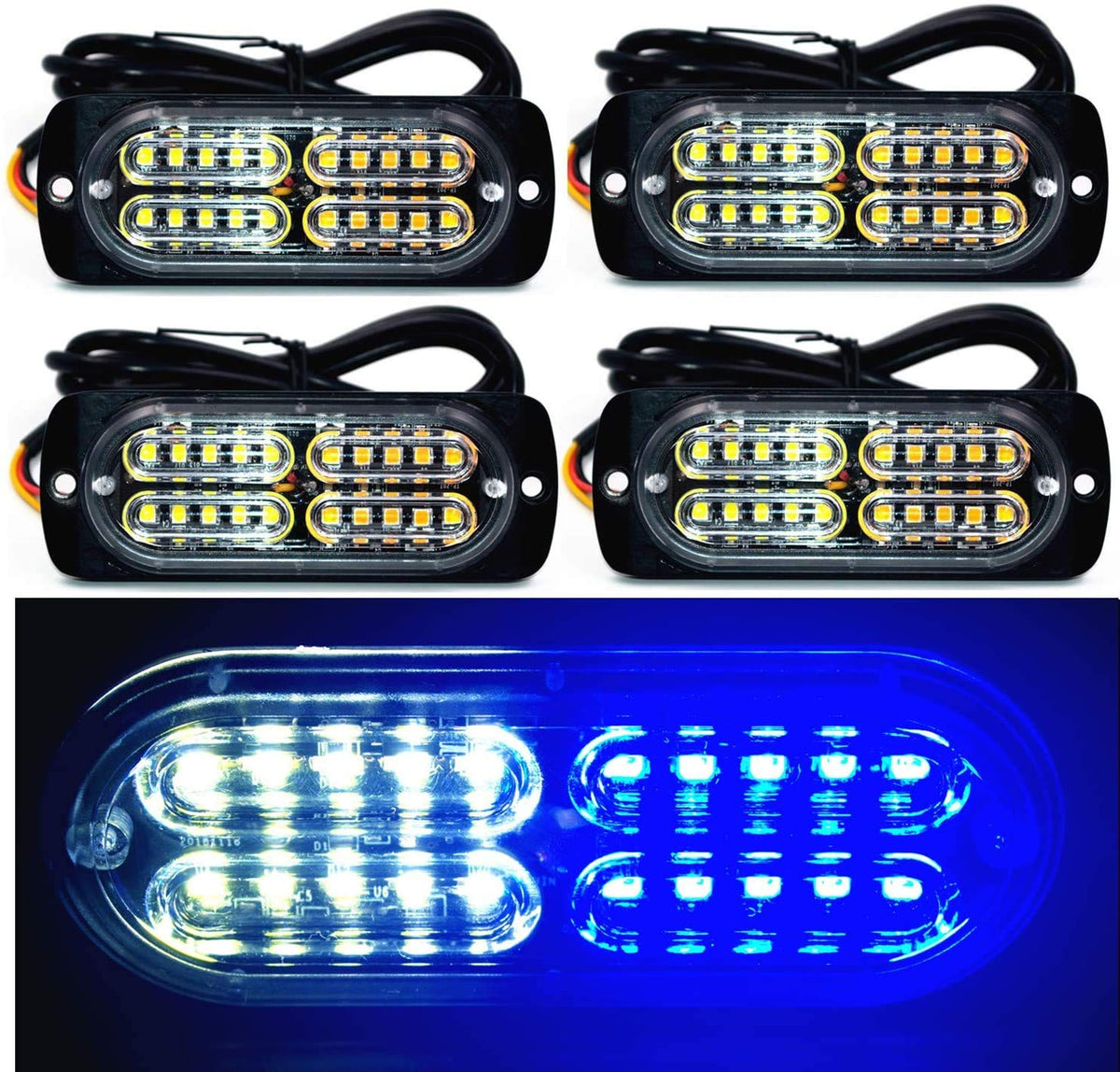 12-24V 20-Led Super Bright Emergency Warning Caution Hazard Construction Waterproof Amber Strobe Light Bar With 16 Different Flashing For Car Truck Suv Van - 4Pcs (White Blue)