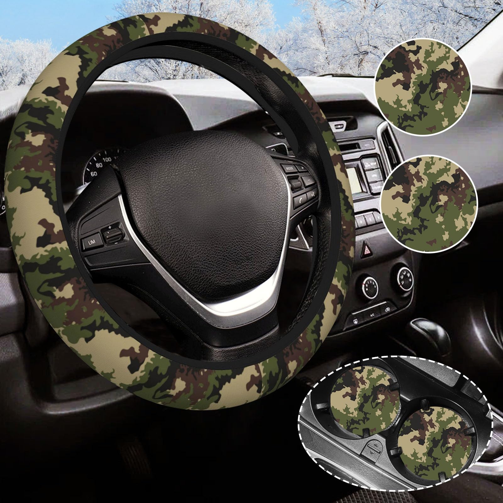 Green Camo Camouflage Steering Wheel Cover for Women Men with 2 Pcs Car Coasters, Universal 14.5-15 Inch Rainbow Steering Wheel 