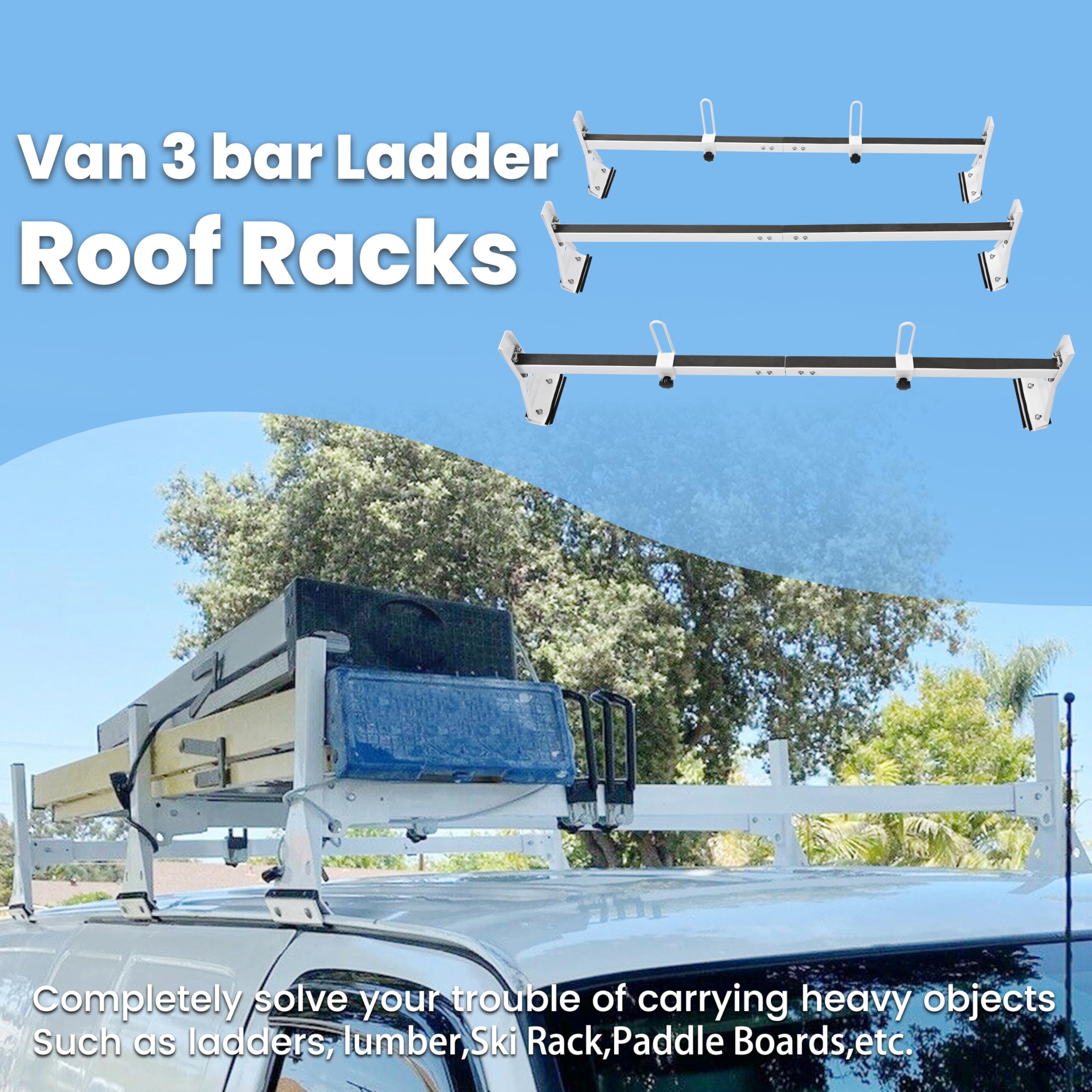 Ecotric 59In Roof Racks Compatible With 1996-Up Chevy Express 1500/2500/3500, 850 Lbs Capacity, 3 Bar Roof Ladder Rack For Van S