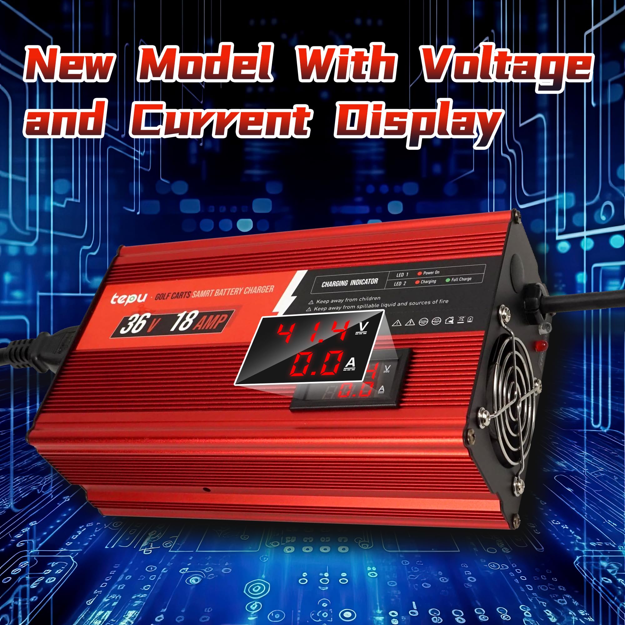 Upgraded 36 Volt 18 Amp Golf Cart Battery Charger with Voltage Display, for EZG0-D Type Plug,16 Feet, 900w, Ful Charge in 4to 6