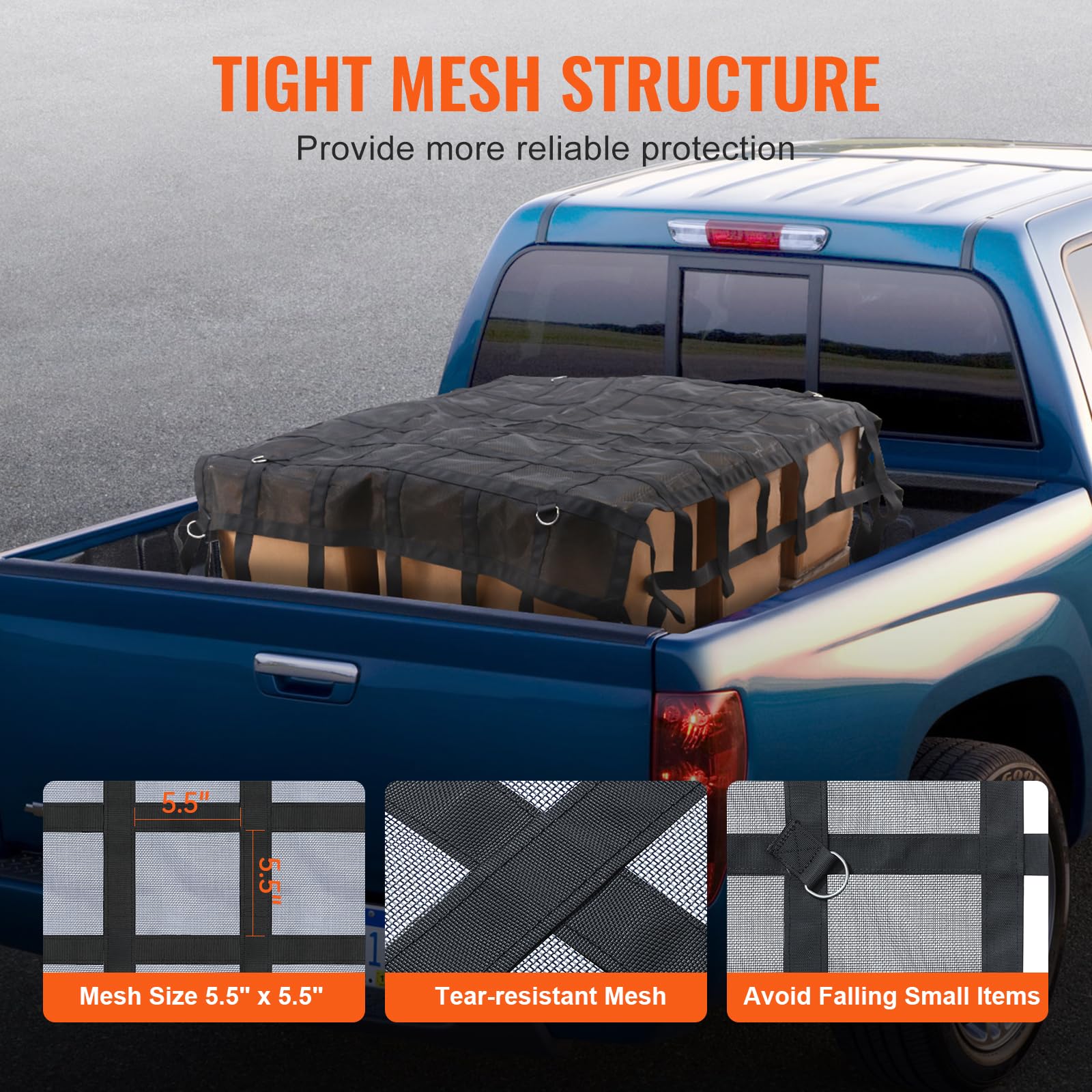 VEVOR Cargo Net with Mesh, 72 in x 57 in, Heavy Duty Truck Cargo Net-(WLL) 1,100lbs, 4 Adjustable Straps with Carabiners & S-Hoo