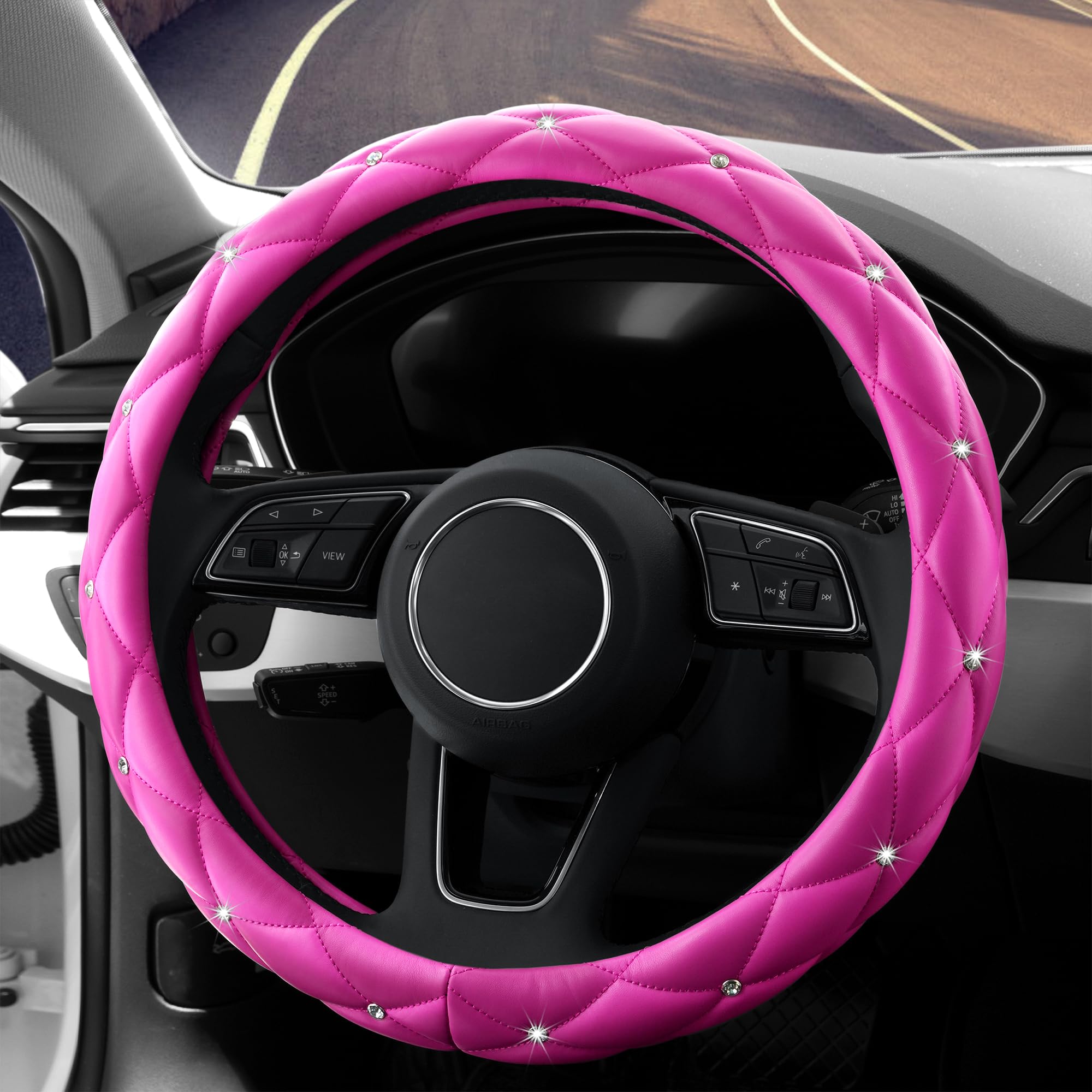 Yogurtck Cute Diamond Soft Leather Anti-Slip Steering Wheel Cover With Bling Bling Crystal Rhinestones, Universal 15 Inch For Wo