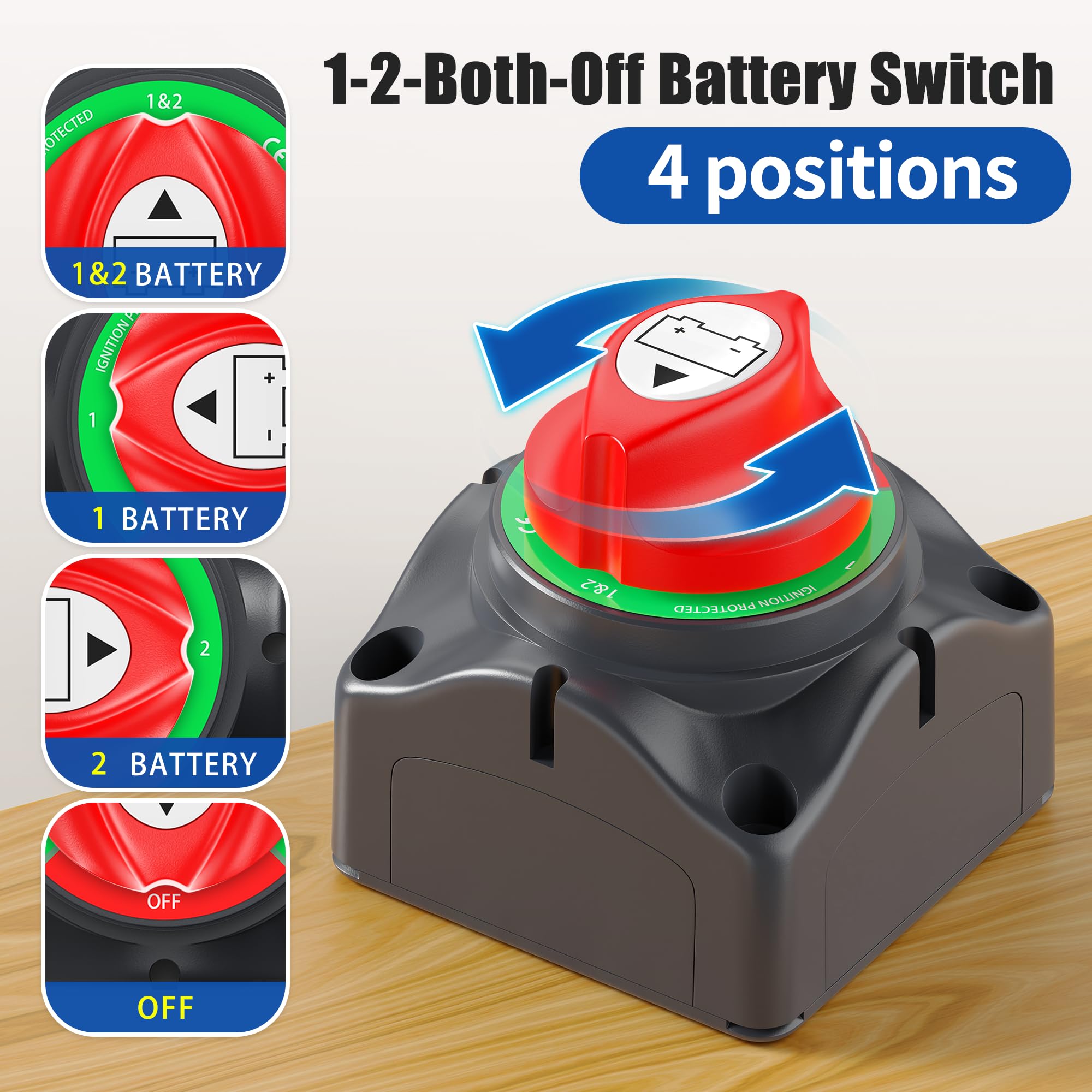 Joinfworld 1-2-Both-Off Battery Disconnect Switch 12V-48V Waterproof Dual Battery Kill Switch Heavy Duty Battery Isolator Switch