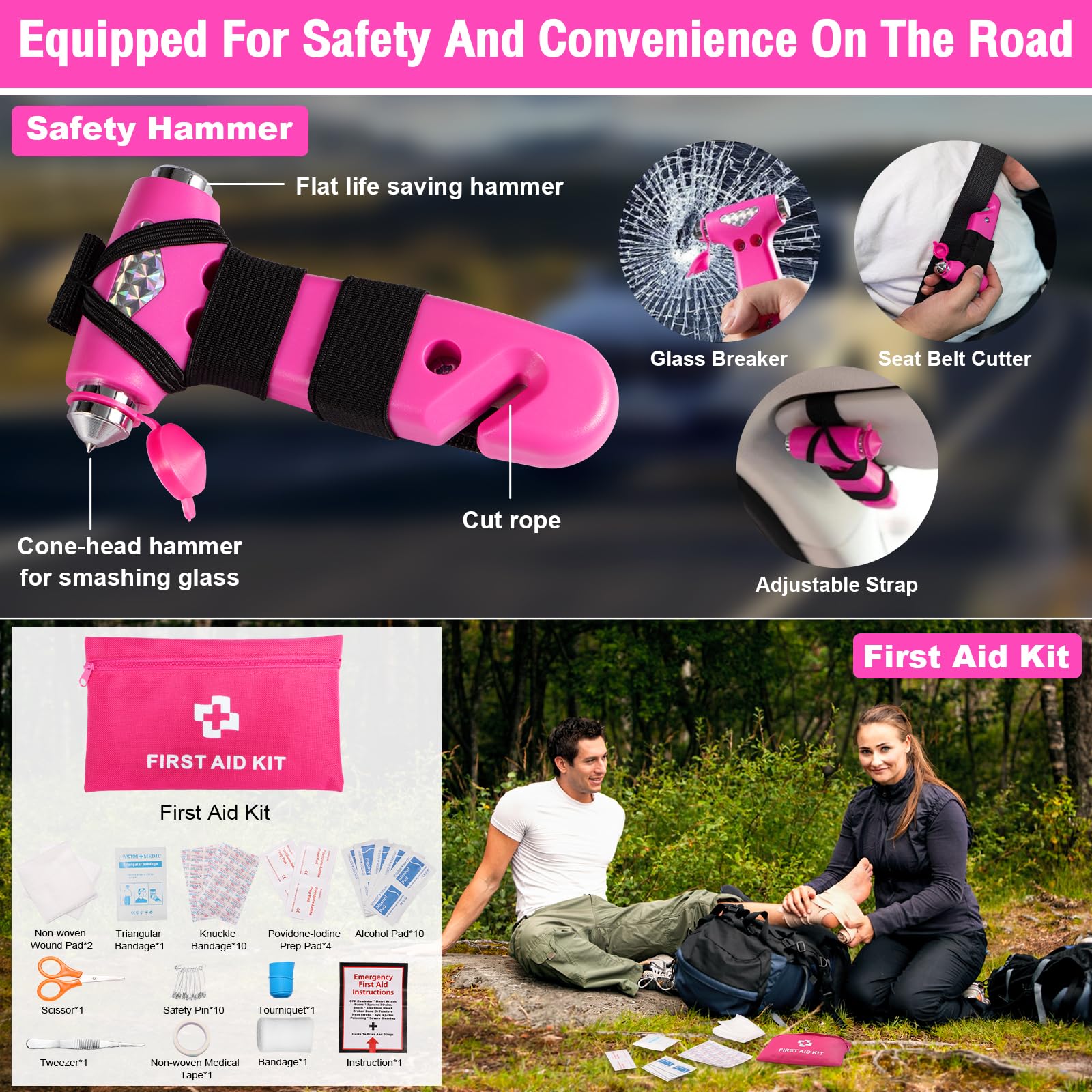 Vioview Roadside Emergency Car Safety Kit, With 4-In-1 Inflatable Car Vacuum Cleaner, Pink Jumper Cables, First Aid Kit, Tow Rop